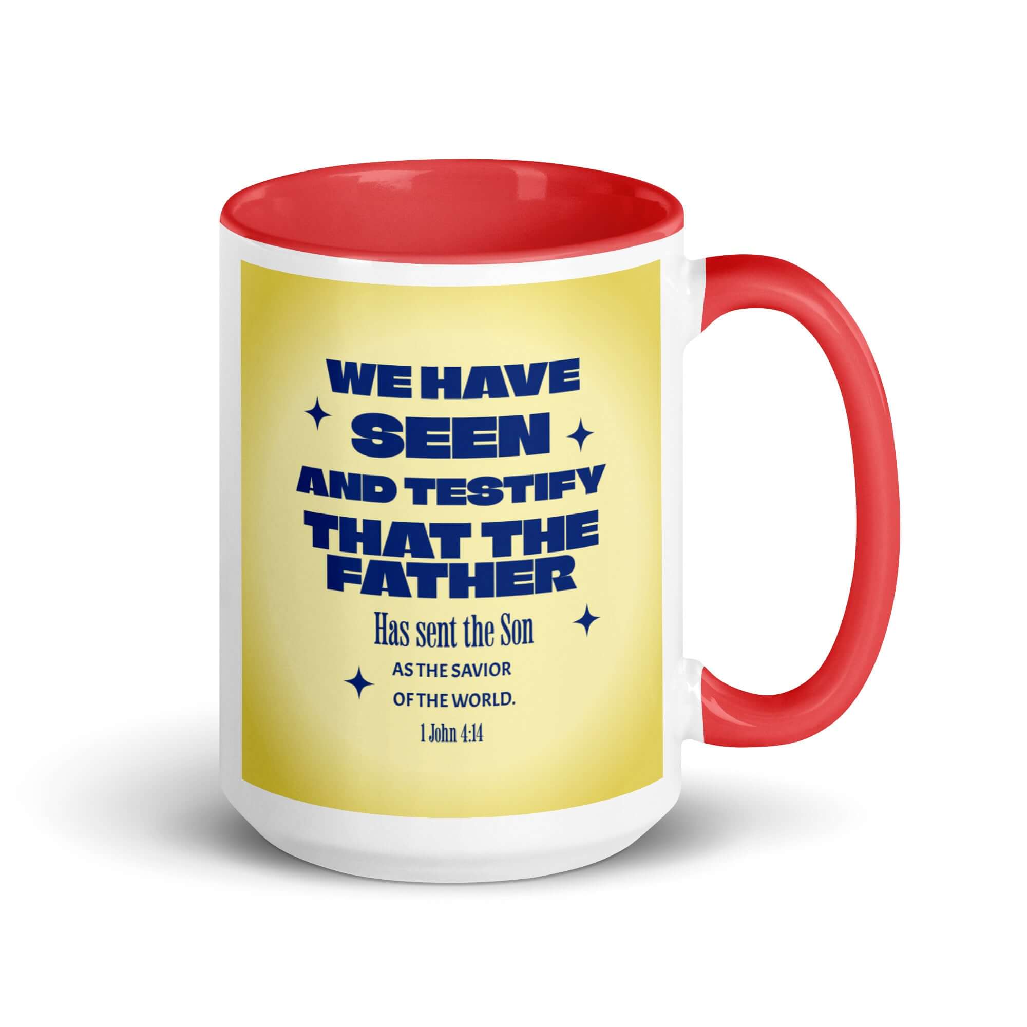 1 John 4:14 Bible Verse, Savior of the world White Ceramic Mug with Color Inside Red 15 oz