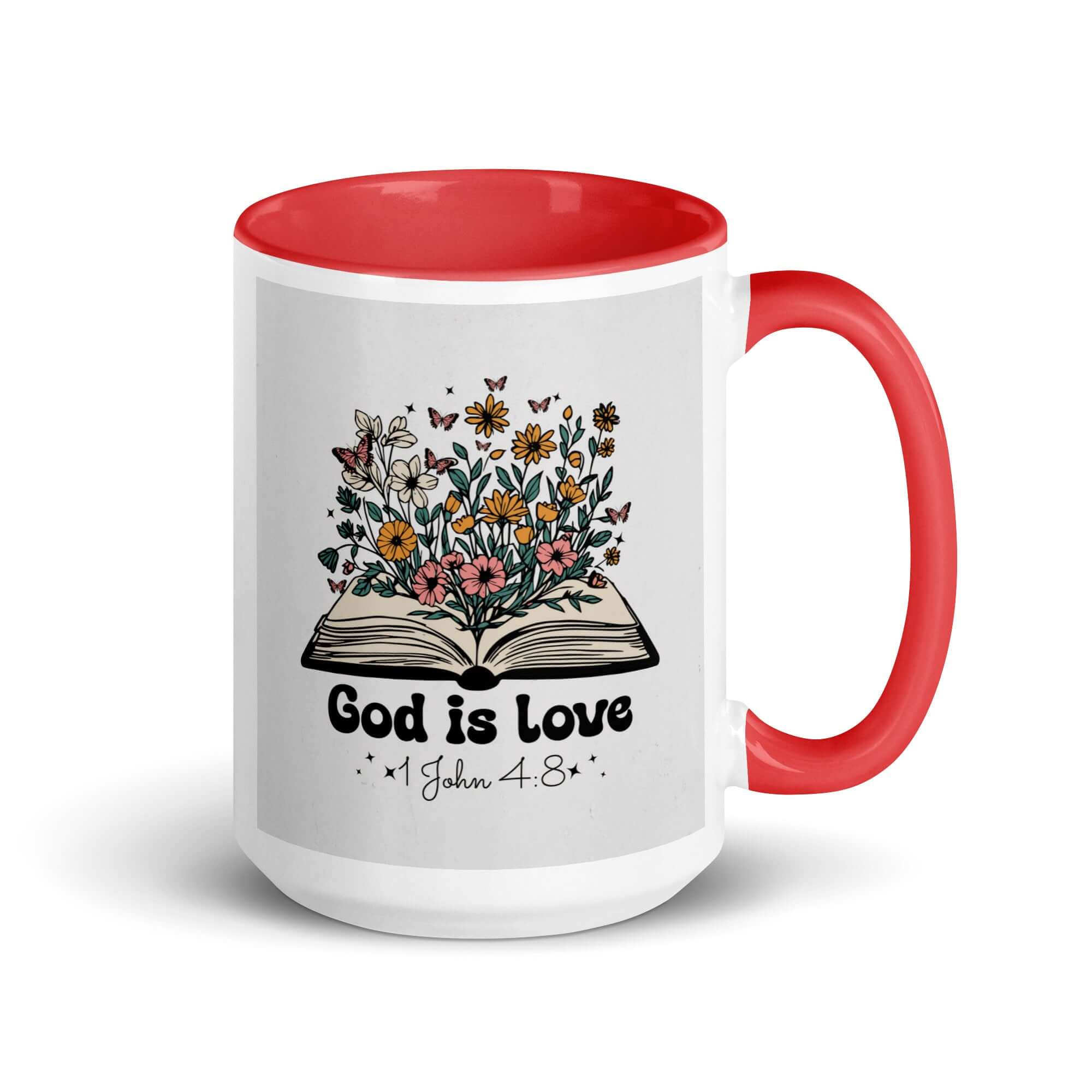 1 John 4:8 Bible Verse, God is Love White Ceramic Mug with Color Inside Red 15 oz