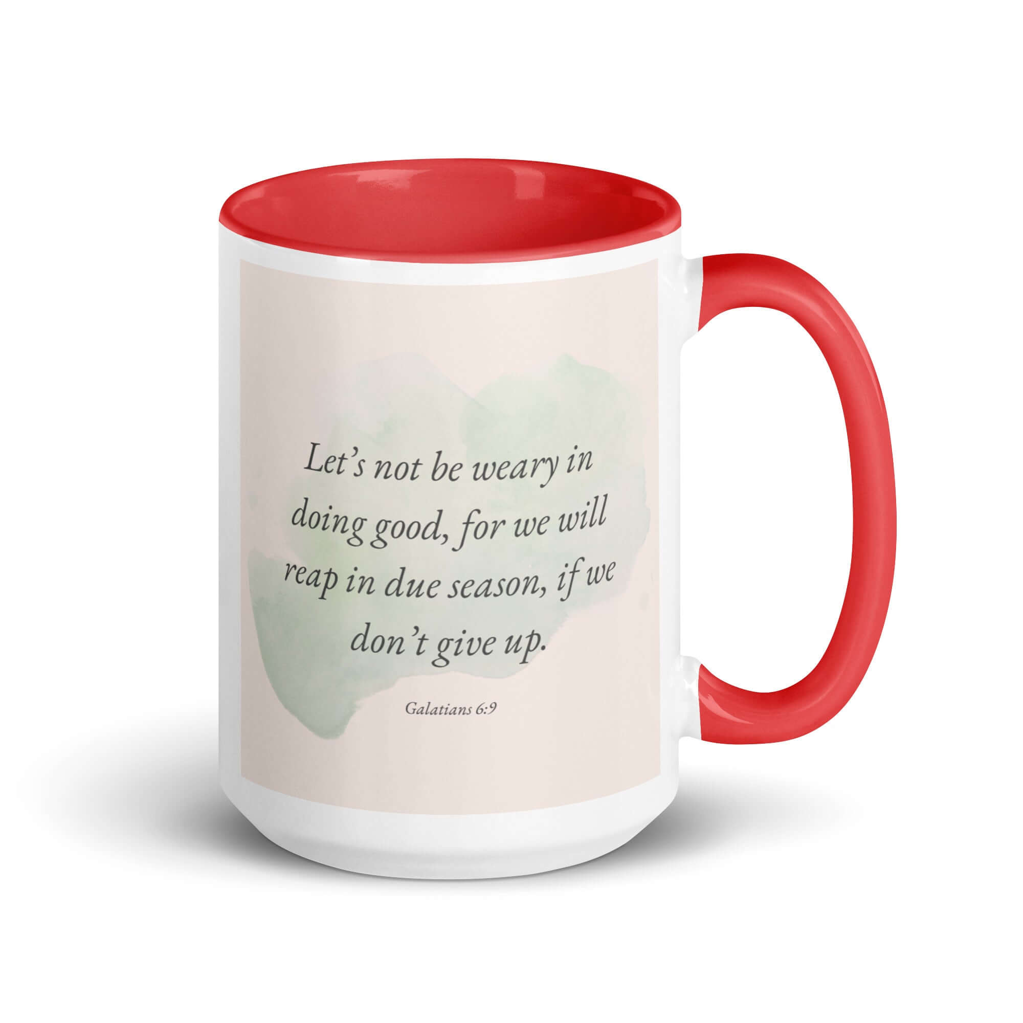 Galatians 6:9 Bible Verse, not be weary White Ceramic Mug with Color Inside Red 15 oz