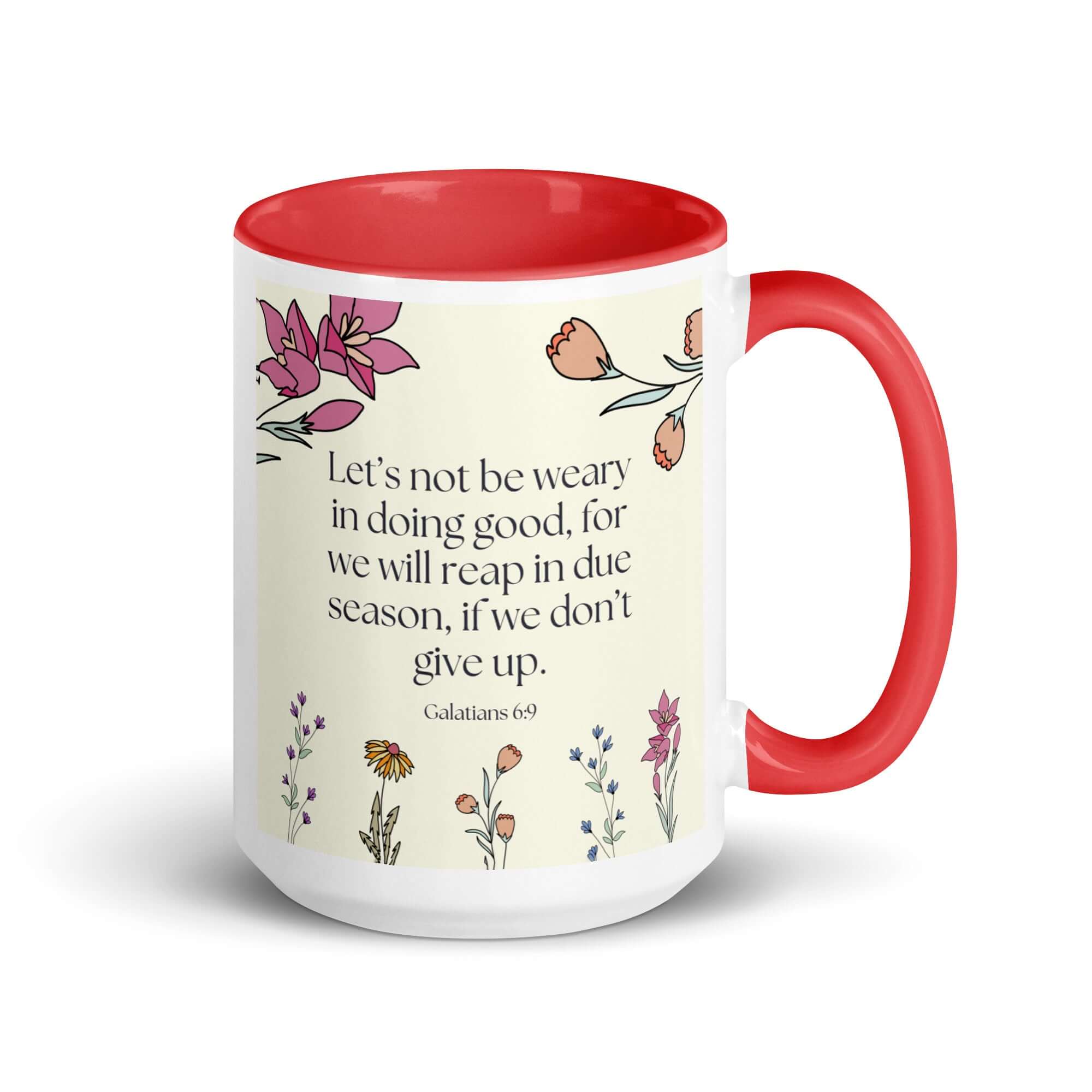 Galatians 6:9 Bible Verse, in doing good White Ceramic Mug with Color Inside Red 15 oz