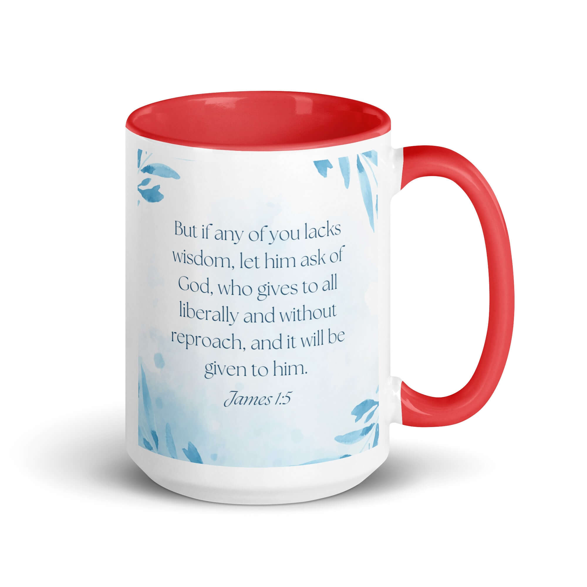 James 1:5 Bible Verse, lacks wisdom White Ceramic Mug with Color Inside Red 15 oz