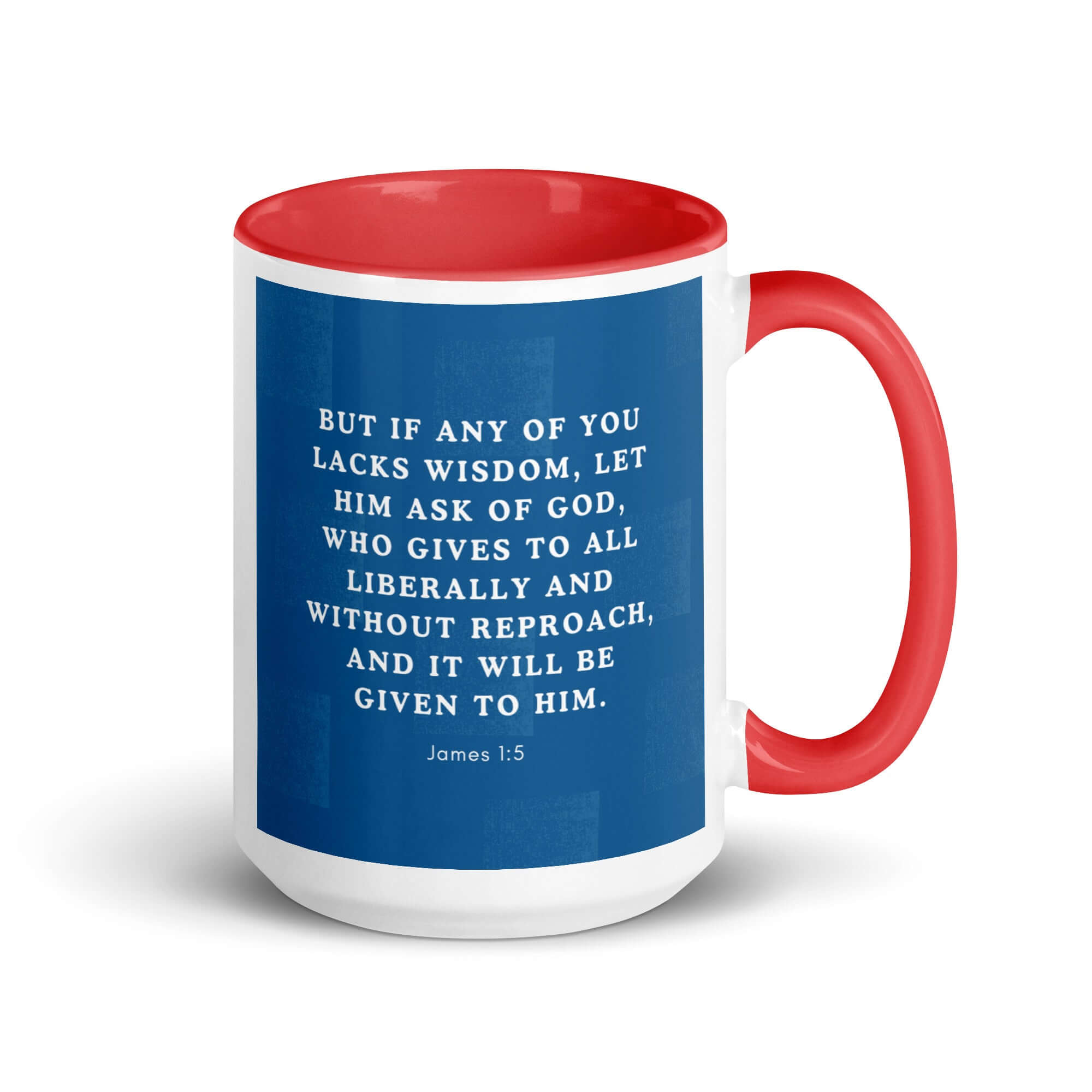 James 1:5 Bible Verse, gives to all White Ceramic Mug with Color Inside Red 15 oz