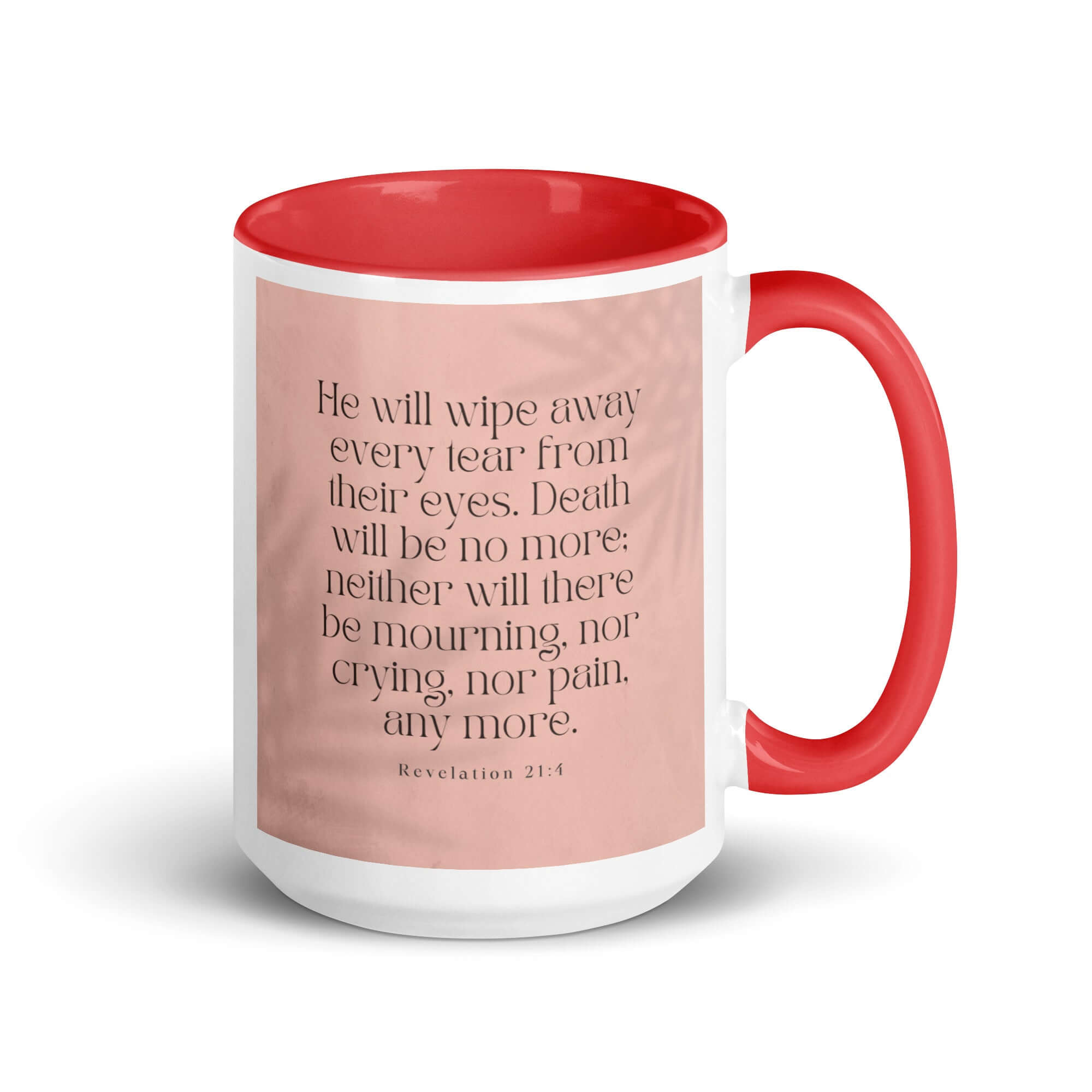 Revelation 21:4 Bible Verse, their eyes White Ceramic Mug with Color Inside Red 15 oz