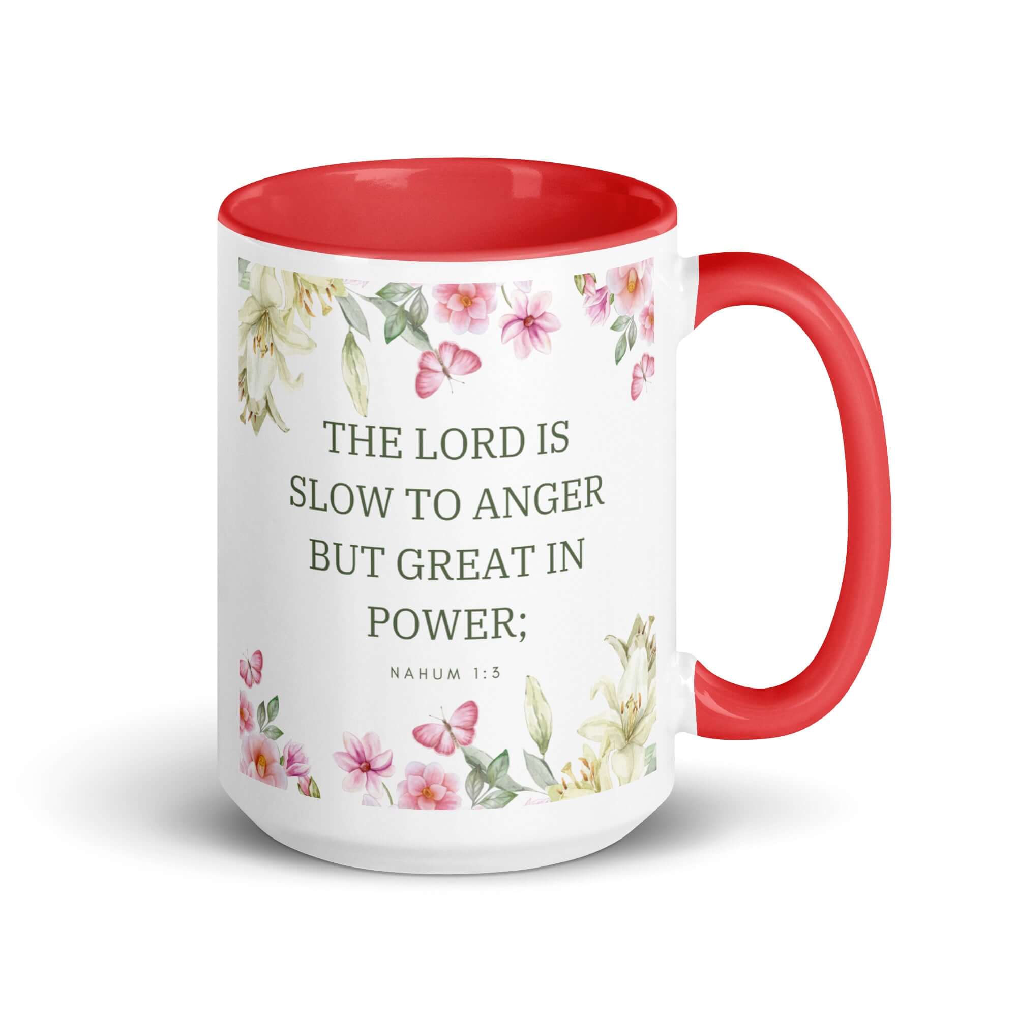 Nahum 1:3 Bible Verse, slow to anger White Ceramic Mug with Color Inside Red 15 oz