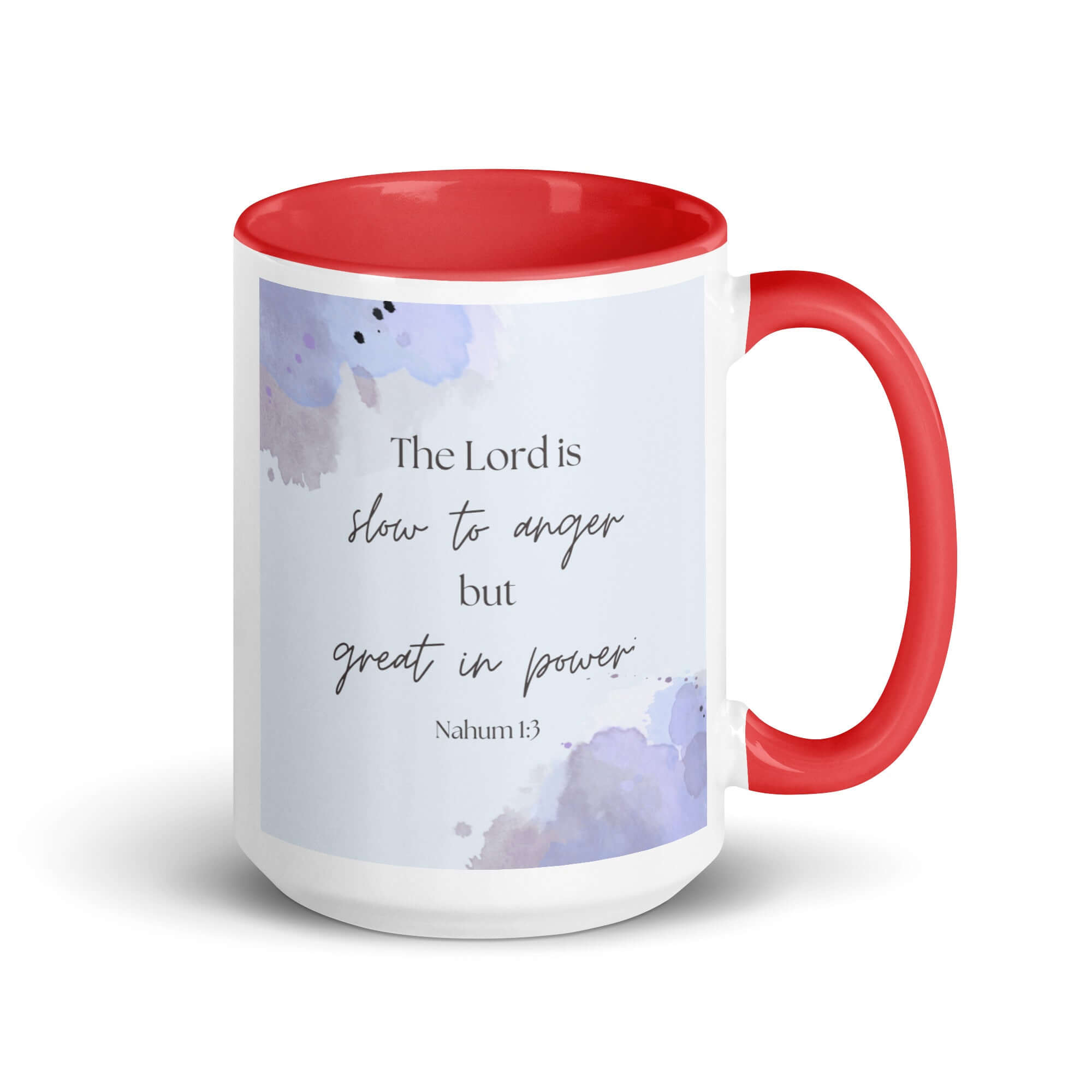 Nahum 1:3 Bible Verse, great in power White Ceramic Mug with Color Inside Red 15 oz