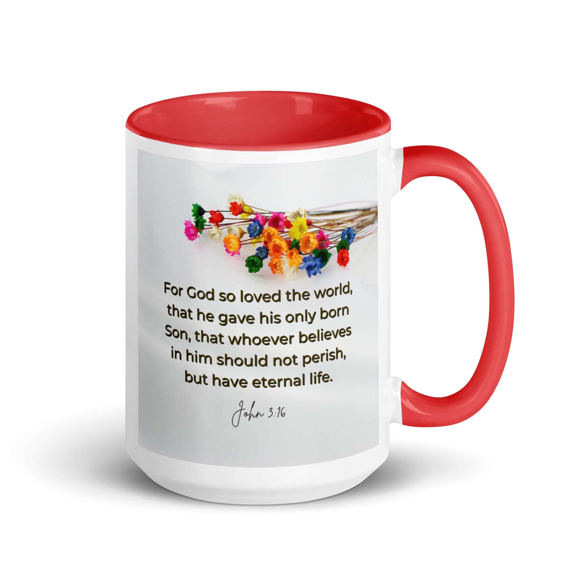 John 3:16 Bible Verse, He gave His Son White Ceramic Mug with Color Inside Red 15 oz