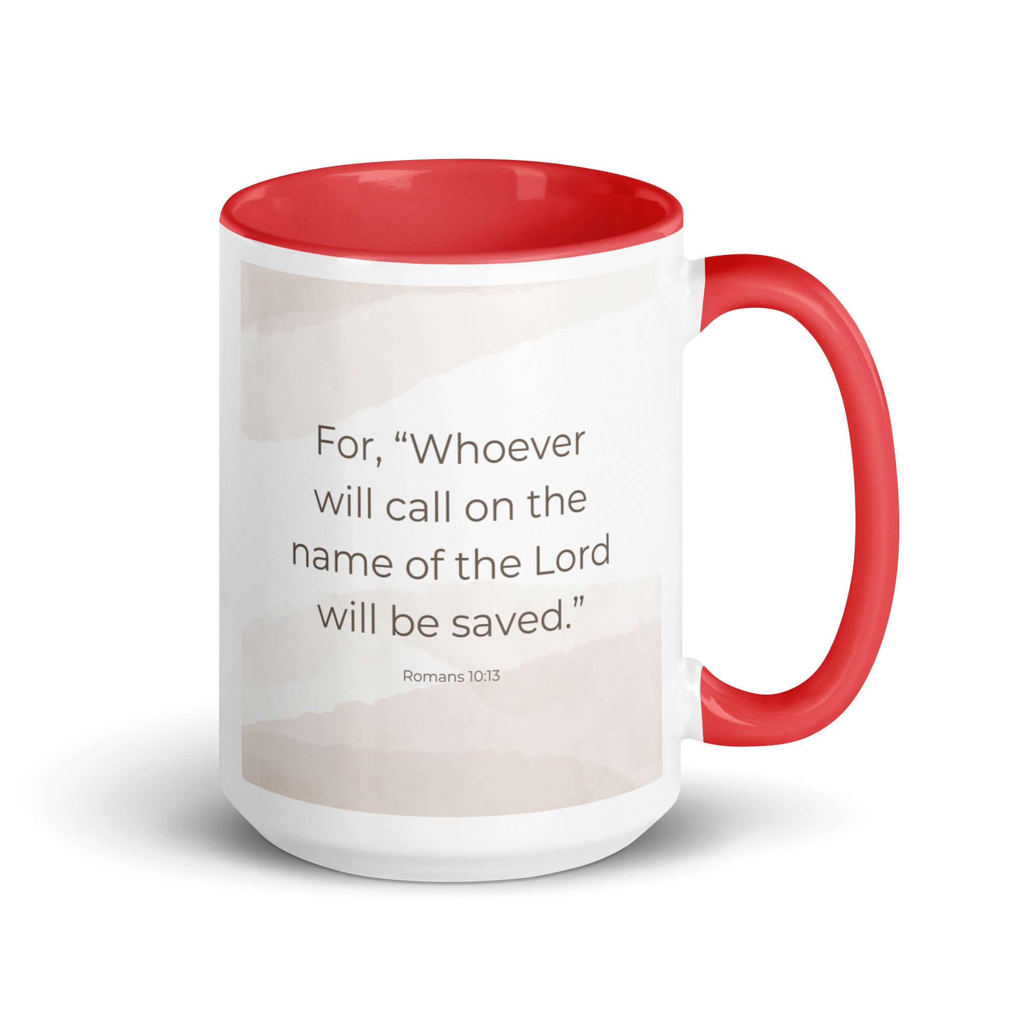 Romans 10:13 Bible Verse, the name White Ceramic Mug with Color Inside Red 15 oz