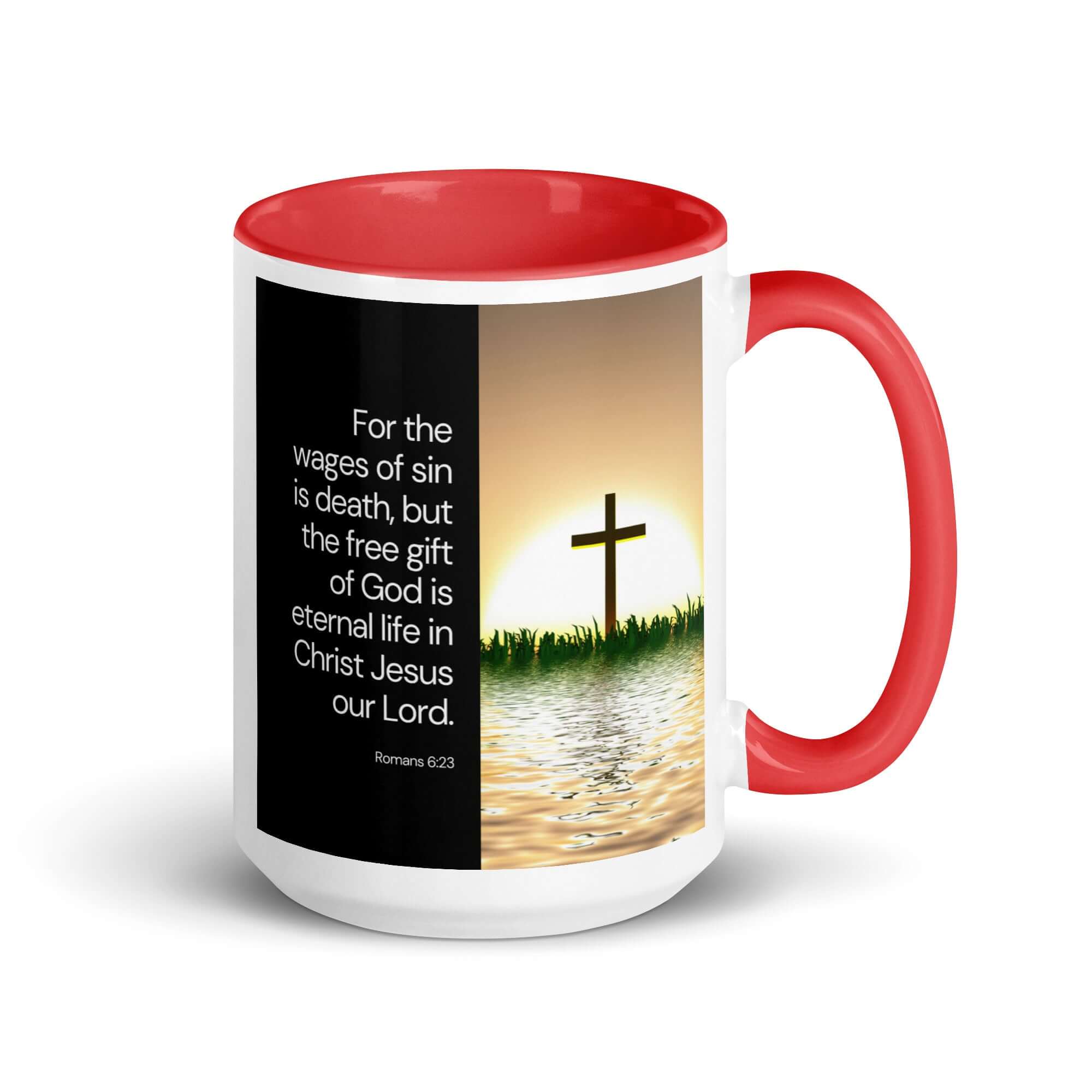 Romans 6:23 Bible Verse, the wages White Ceramic Mug with Color Inside Red 15 oz