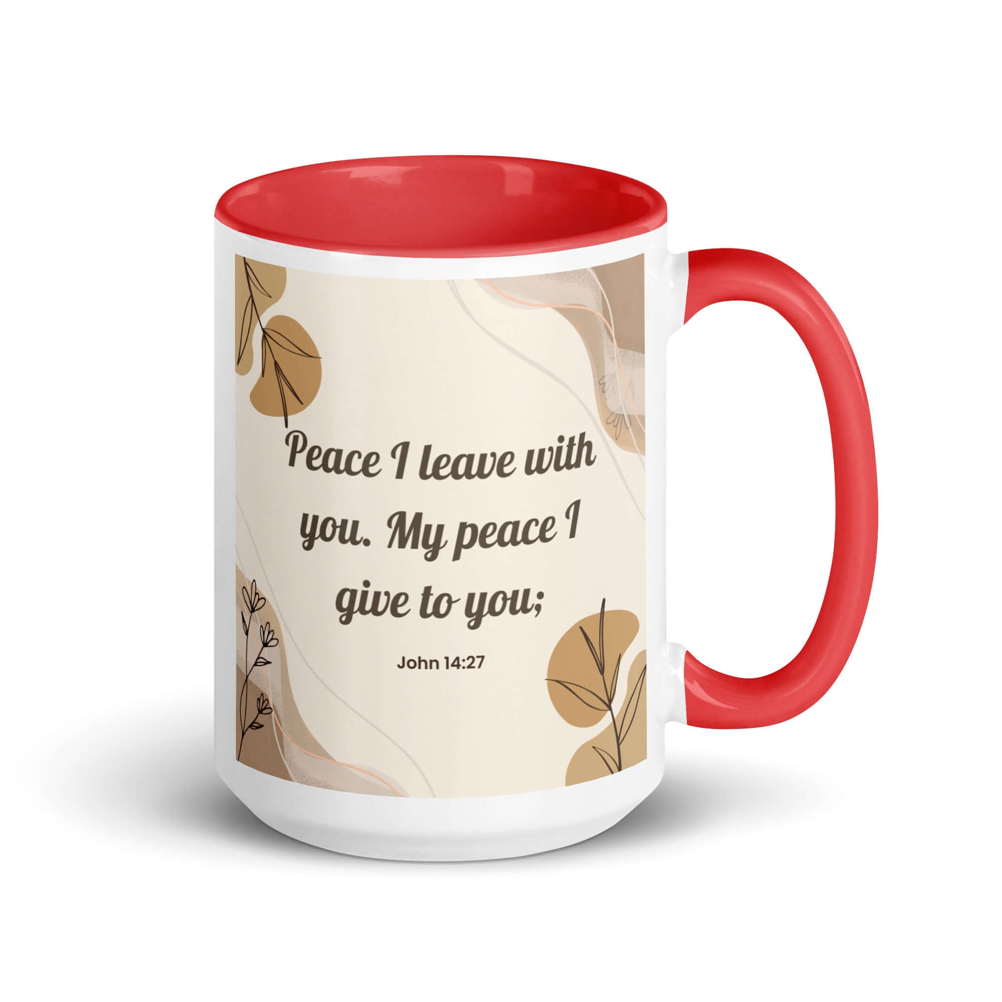 John 14:27 Bible Verse, Peace I White Ceramic Mug with Color Inside Red 15 oz