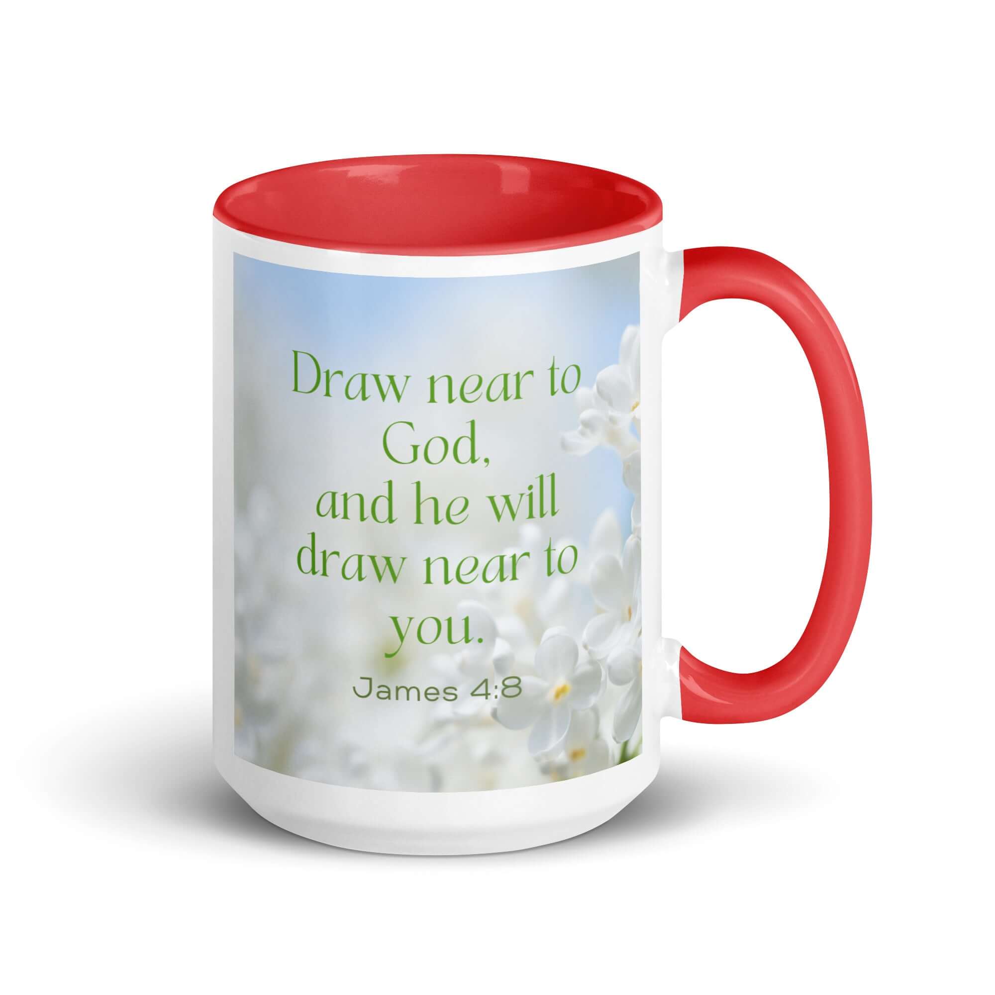 James 4:8 Bible Verse, Draw near White Ceramic Mug with Color Inside Red 15 oz