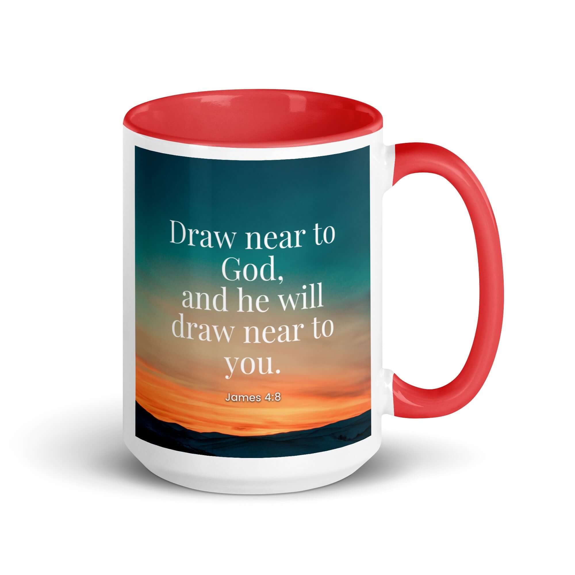 James 4:8 Bible Verse, near to God White Ceramic Mug with Color Inside Red 15 oz
