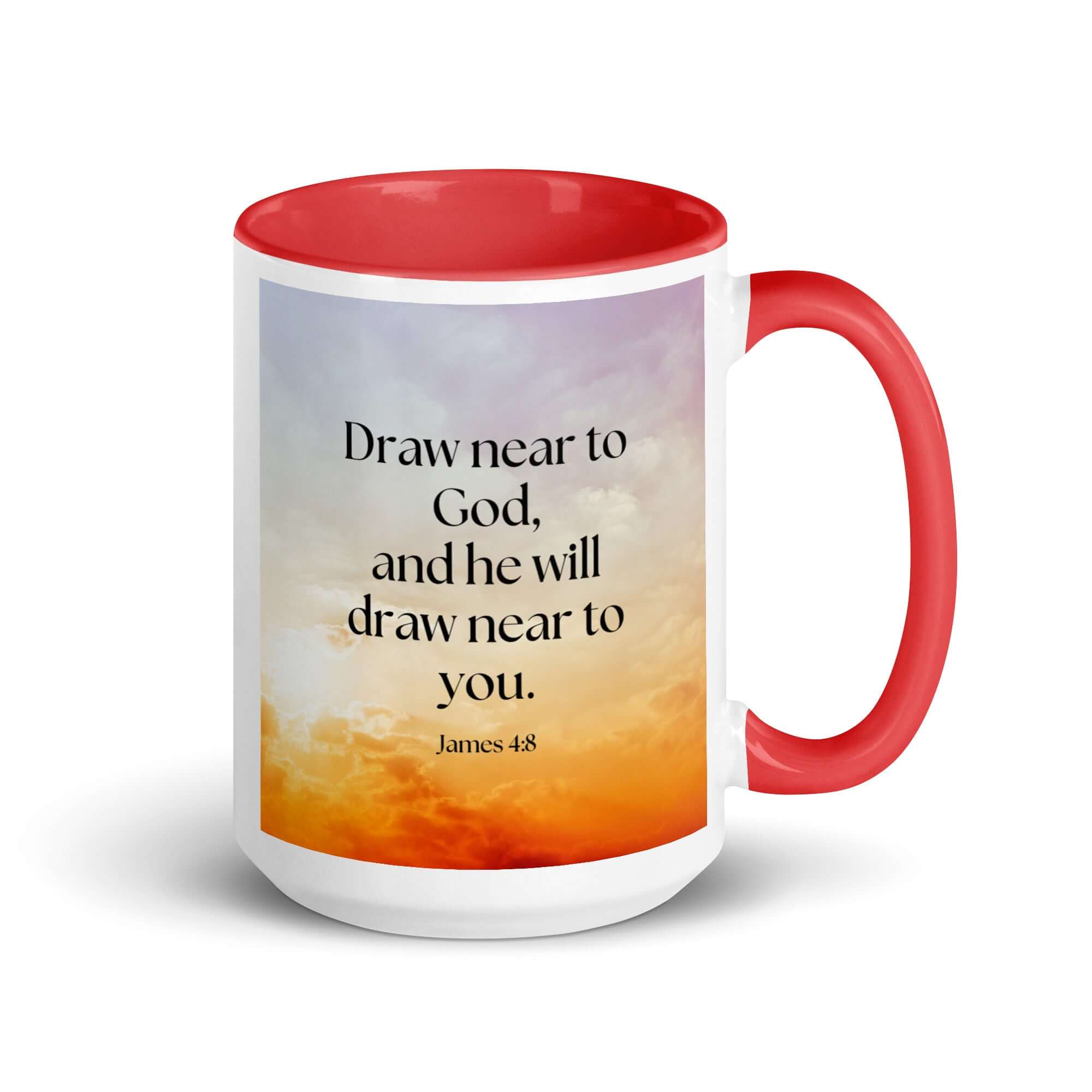James 4:8 Bible Verse, he will draw White Ceramic Mug with Color Inside Red 15 oz