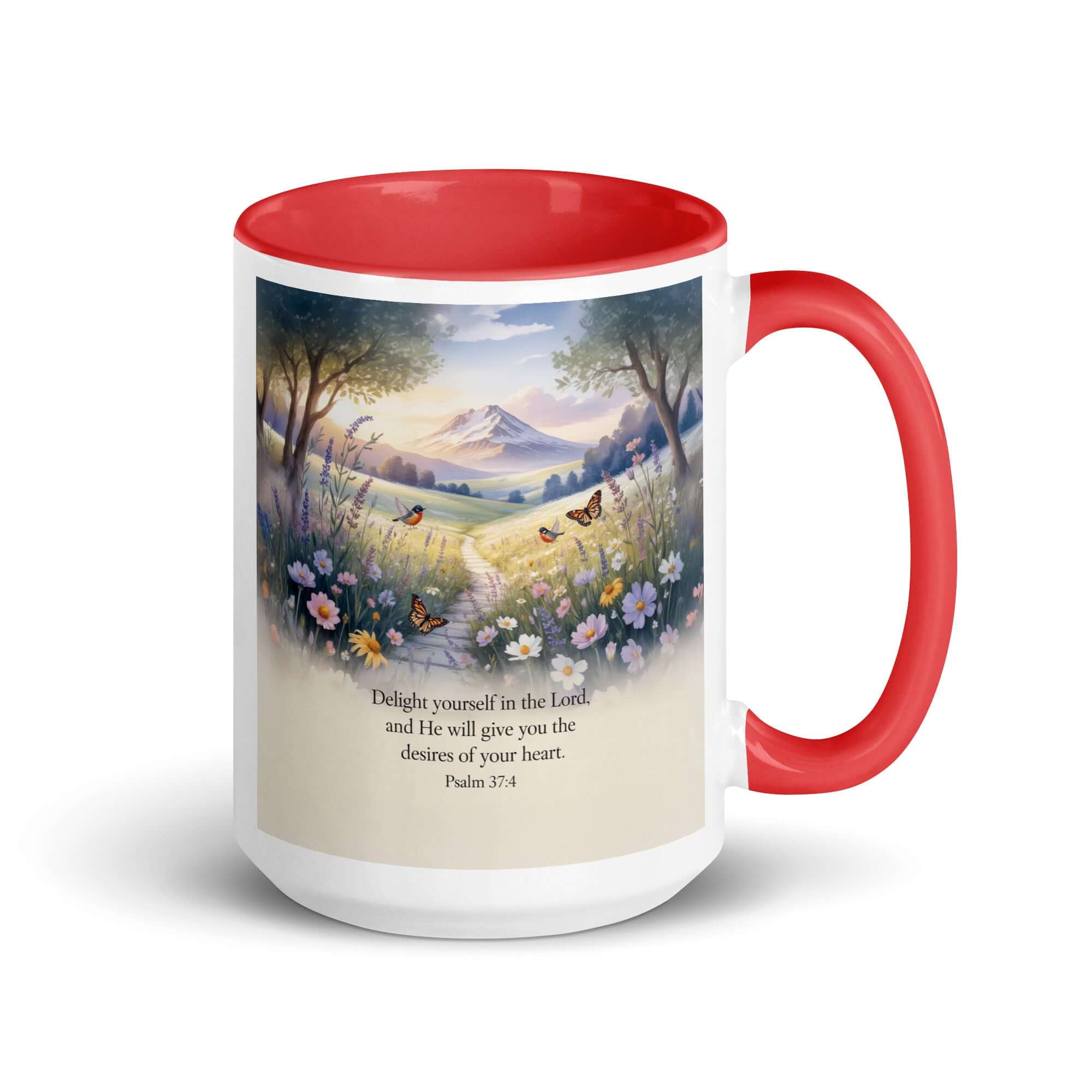 Psalm 37:4 Bible Verse, Delight White Ceramic Mug with Color Inside Red 15 oz