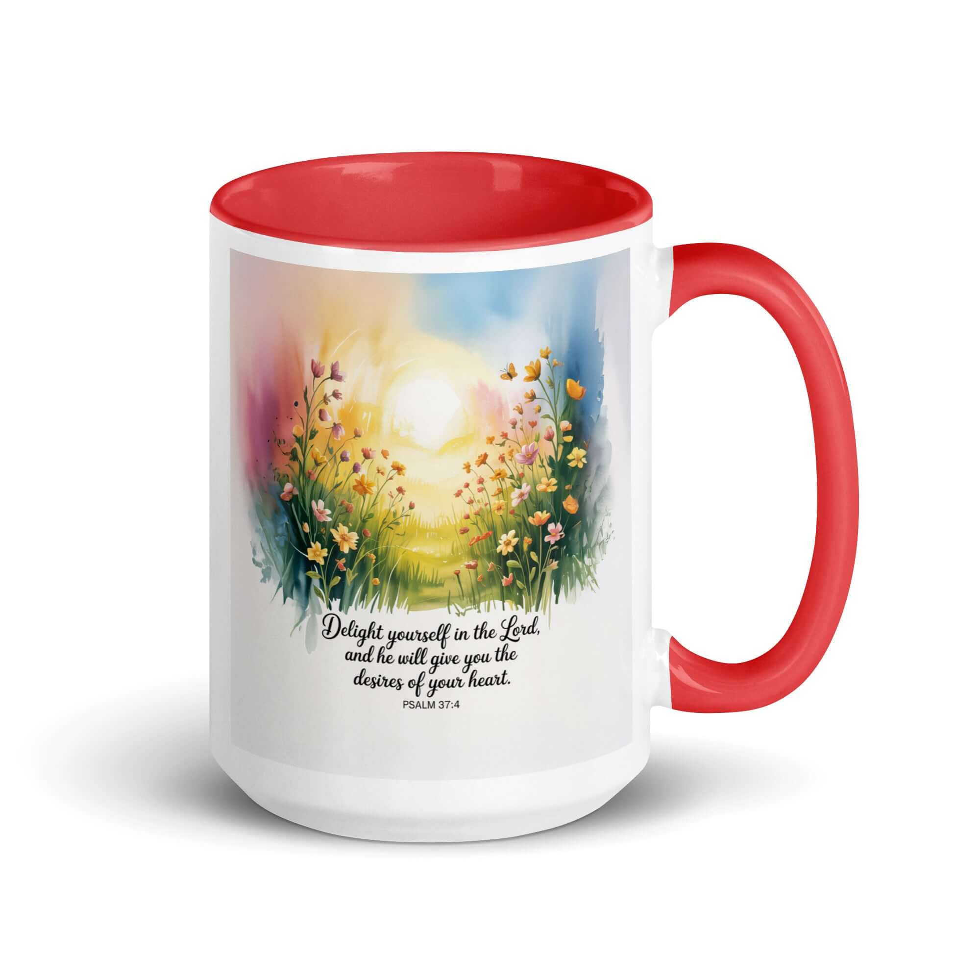 Psalm 37:4 Bible Verse, will give White Ceramic Mug with Color Inside Red 15 oz