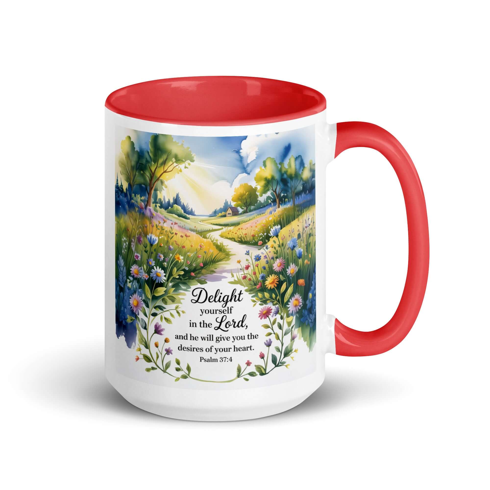 Psalm 37:4 Bible Verse, desires White Ceramic Mug with Color Inside Red 15 oz