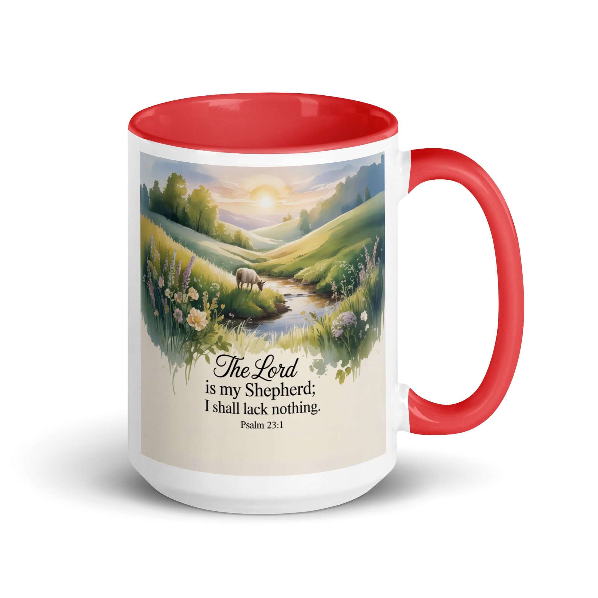 Psalm 23:1 Bible Verse, Lord White Ceramic Mug with Color Inside Red 15 oz