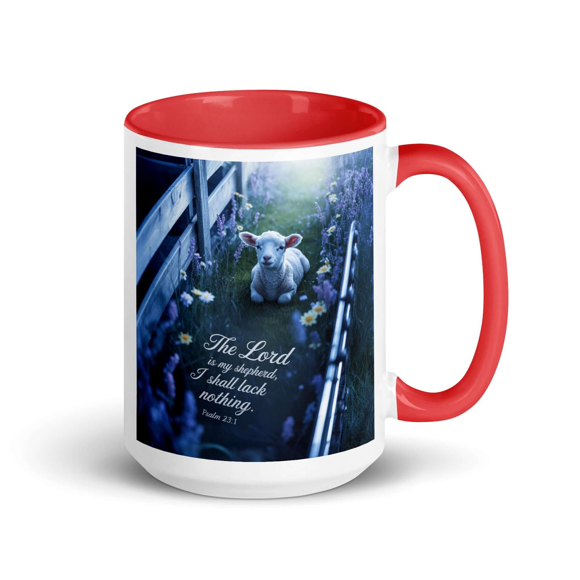 Psalm 23:1 Bible Verse, Shepherd White Ceramic Mug with Color Inside Red 15 oz