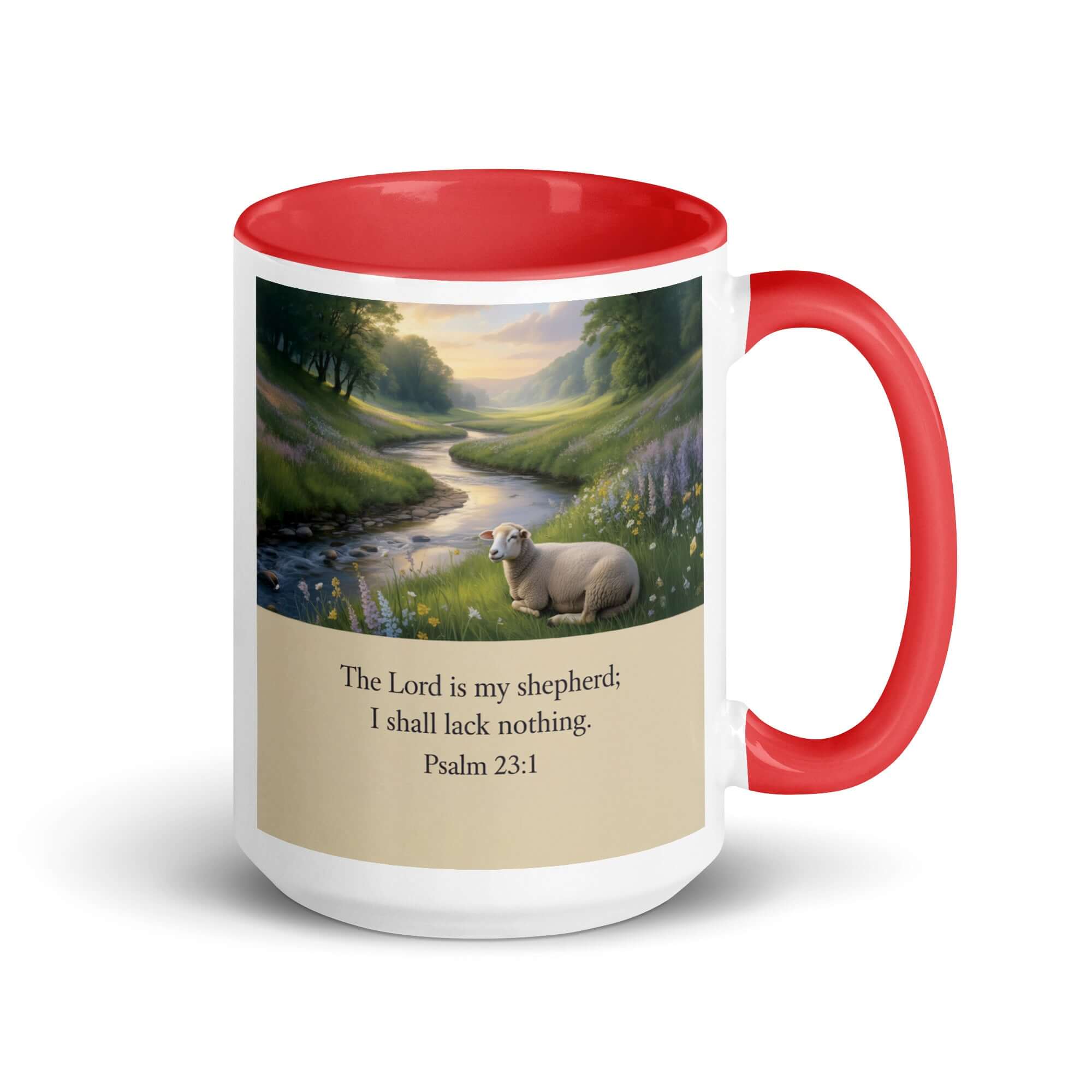 Psalm 23:1 Bible Verse, I shall White Ceramic Mug with Color Inside Red 15 oz
