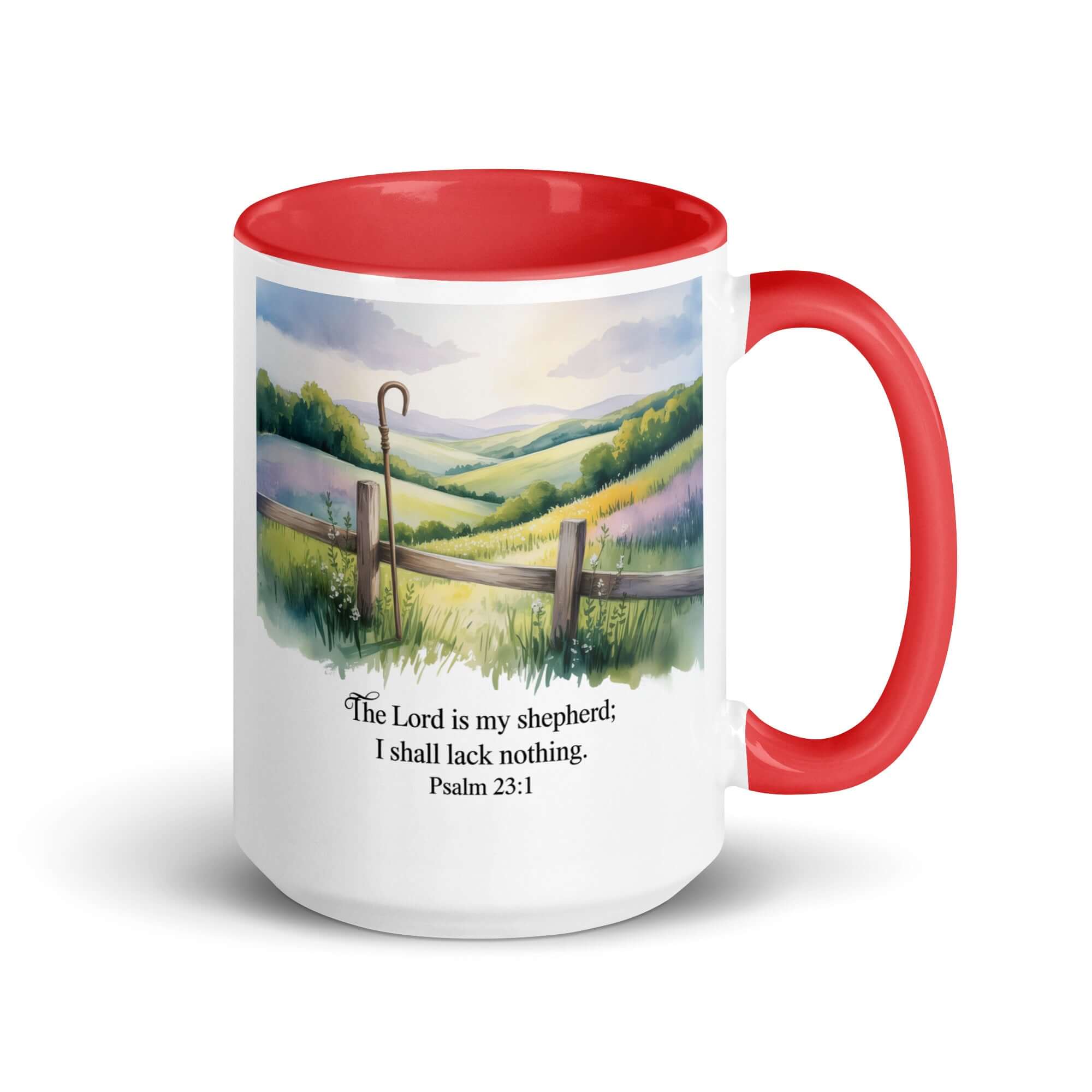Psalm 23:1 Bible Verse, Lack White Ceramic Mug with Color Inside Red 15 oz