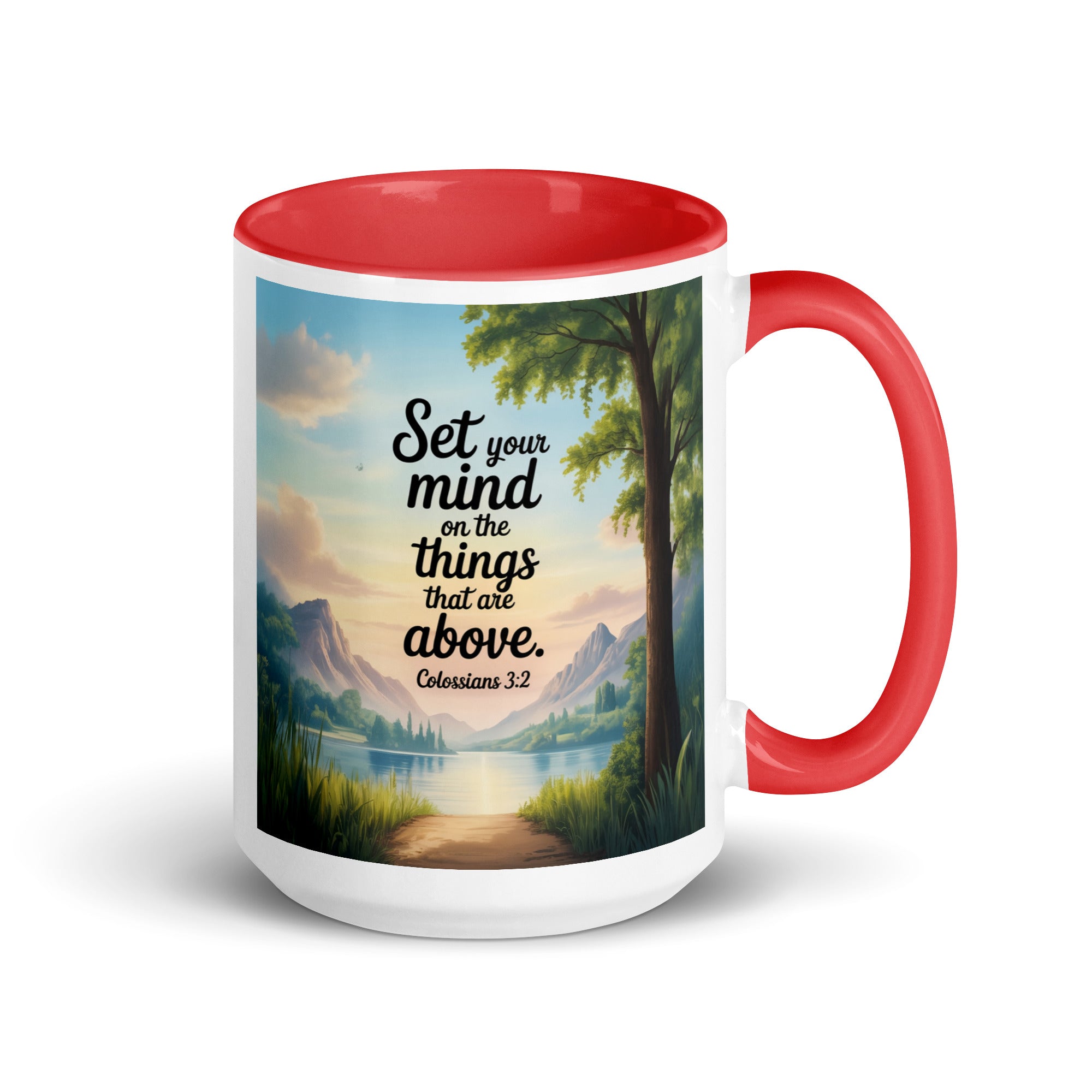 Colossians 3:2 Bible Verse Set White Ceramic Mug with Color Inside Red 15 oz