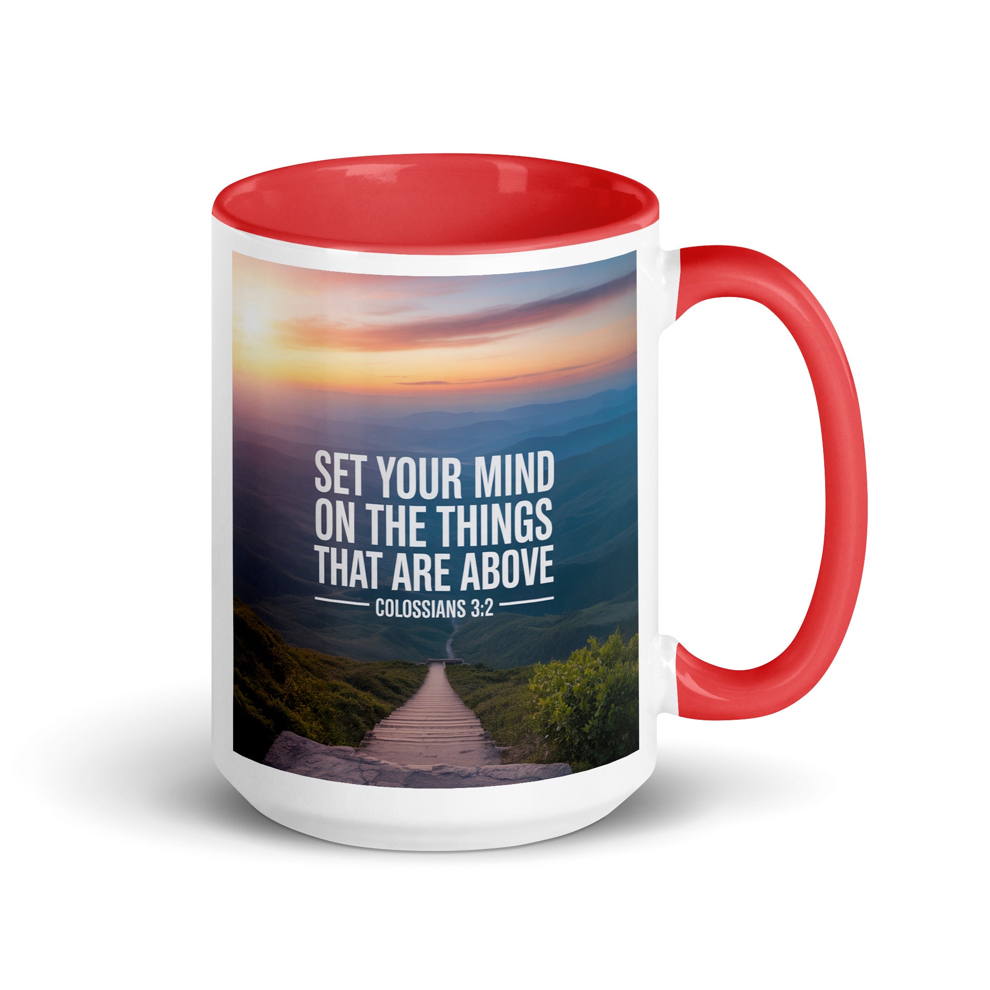 Colossians 3:2 Bible Verse your mind White Ceramic Mug with Color Inside Red 15 oz