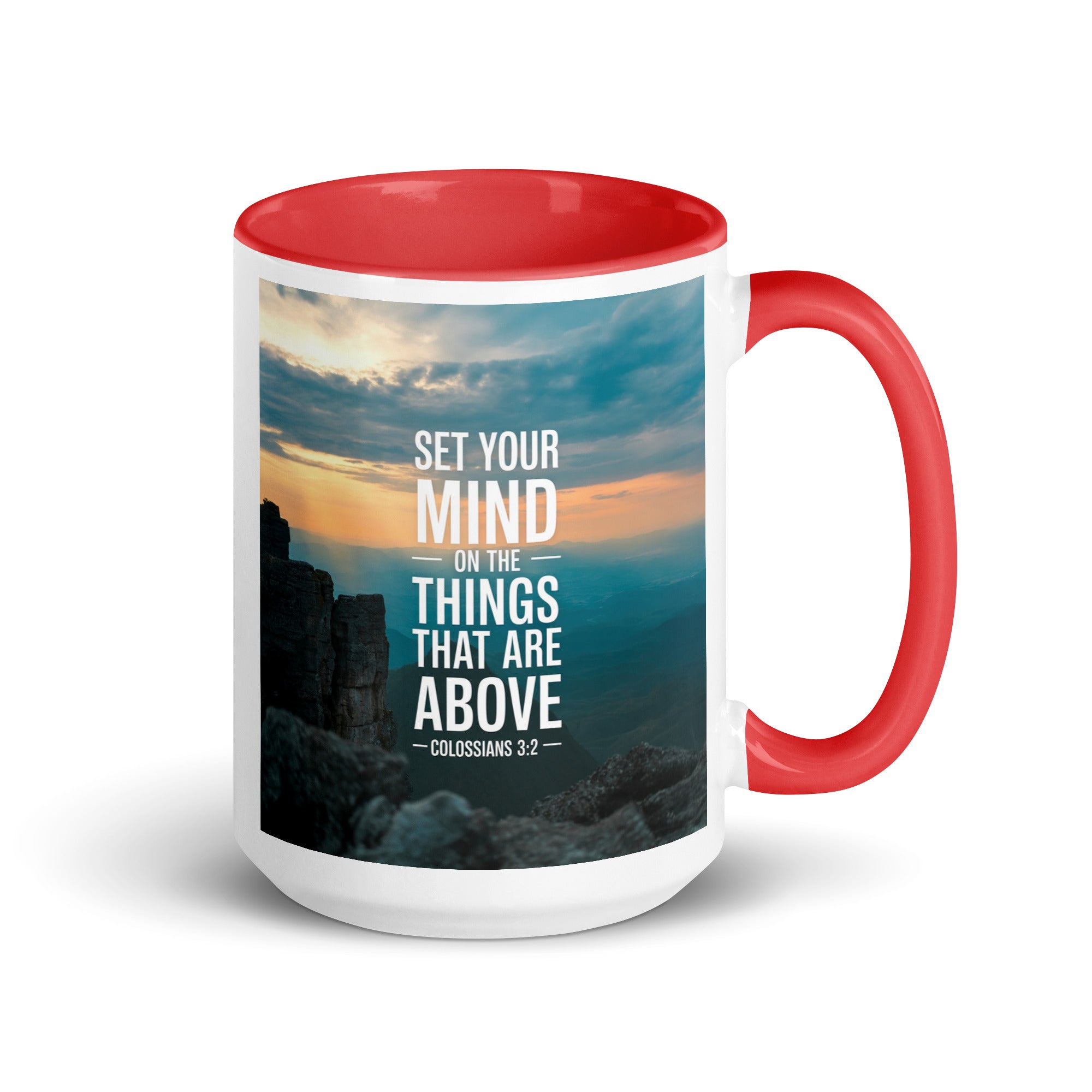 Colossians 3:2 Bible Verse on the White Ceramic Mug with Color Inside Red 15 oz