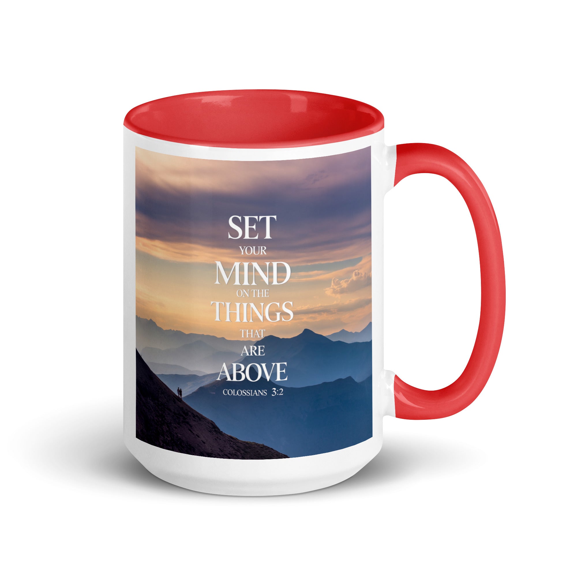 Colossians 3:2 Bible Verse things that White Ceramic Mug with Color Inside Red 15 oz