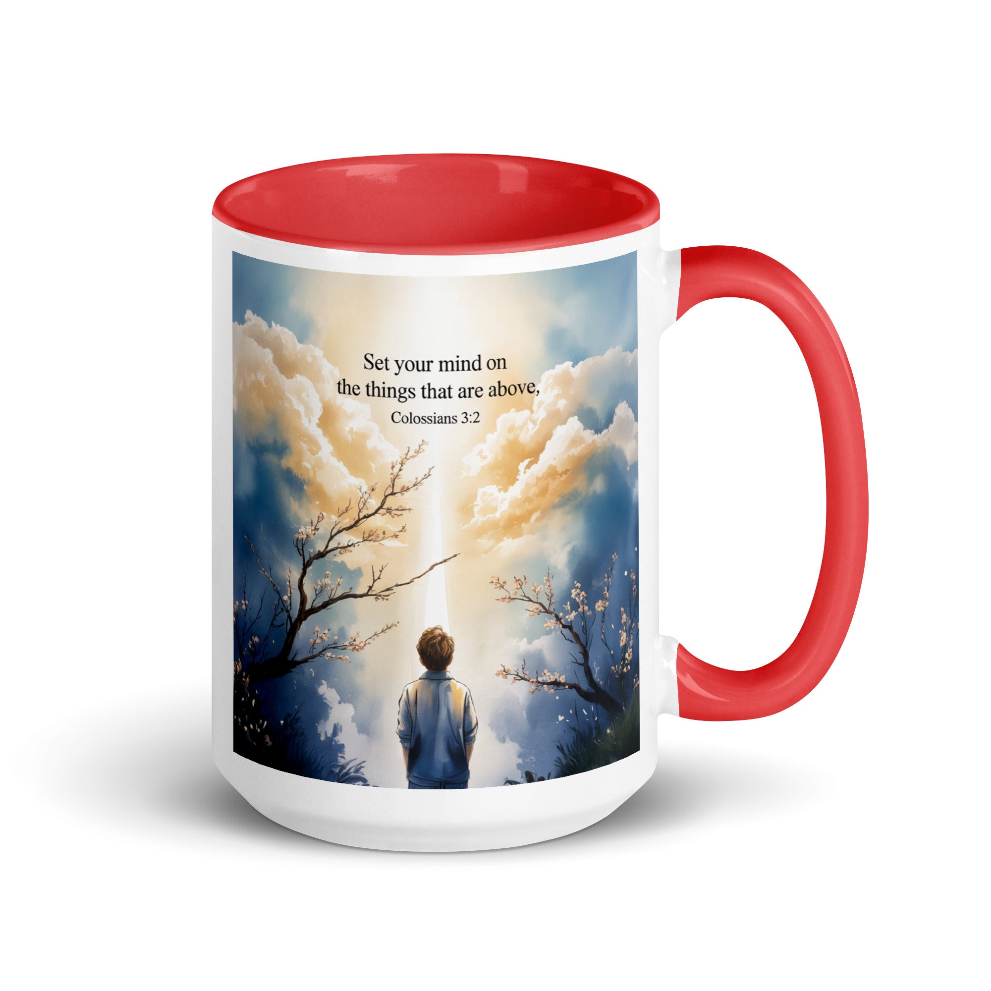 Colossians 3:2 Bible Verse the things White Ceramic Mug with Color Inside Red 15 oz