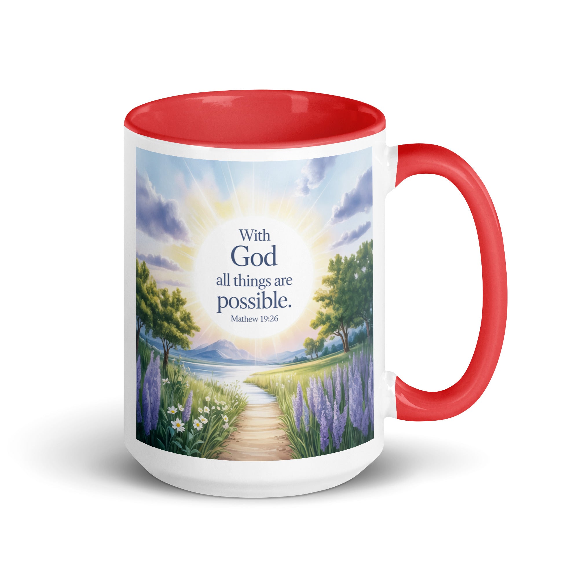 Matthew 19:26 Bible Verse Looking at White Ceramic Mug with Color Inside Red 15 oz