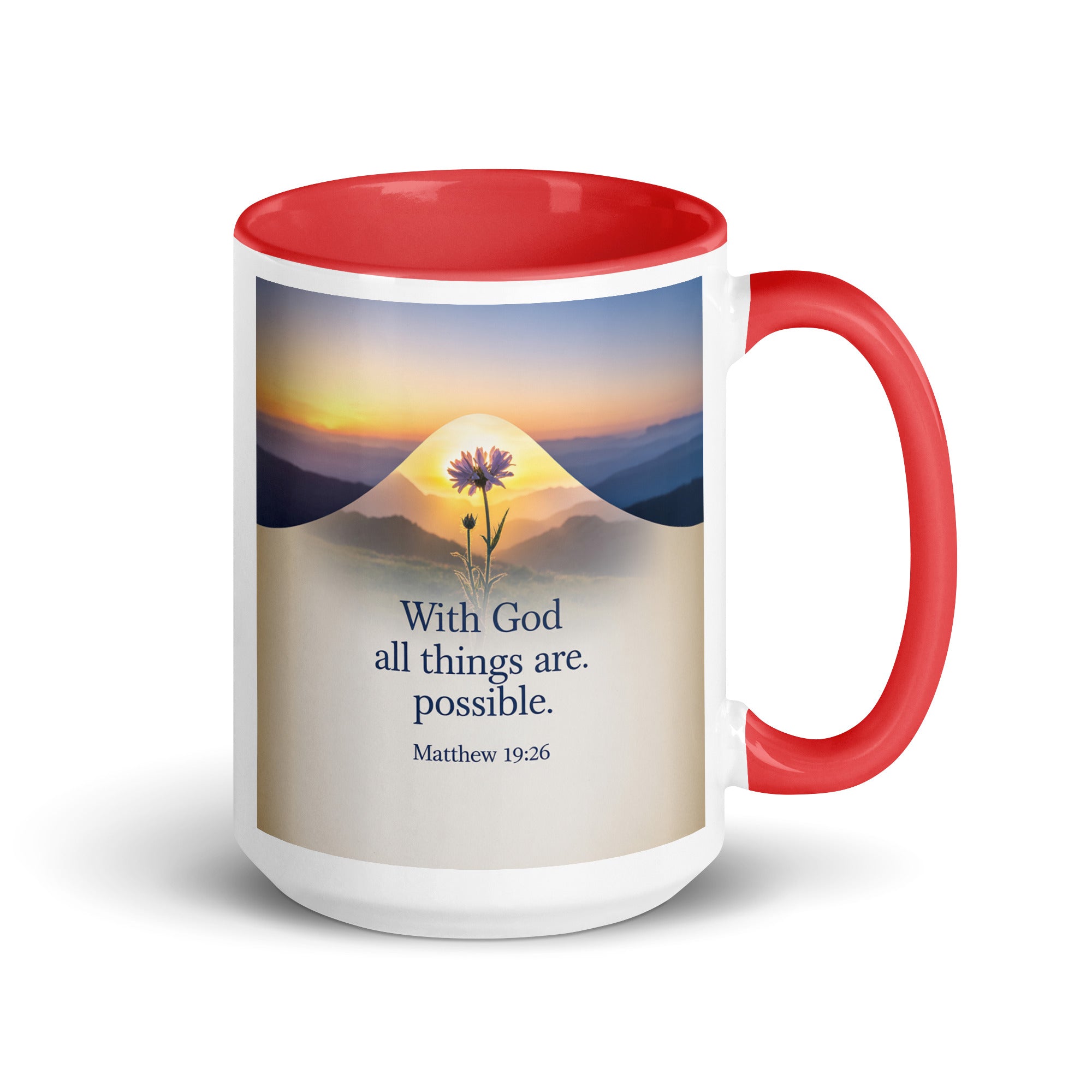 Matthew 19:26 Bible Verse at them White Ceramic Mug with Color Inside Red 15 oz