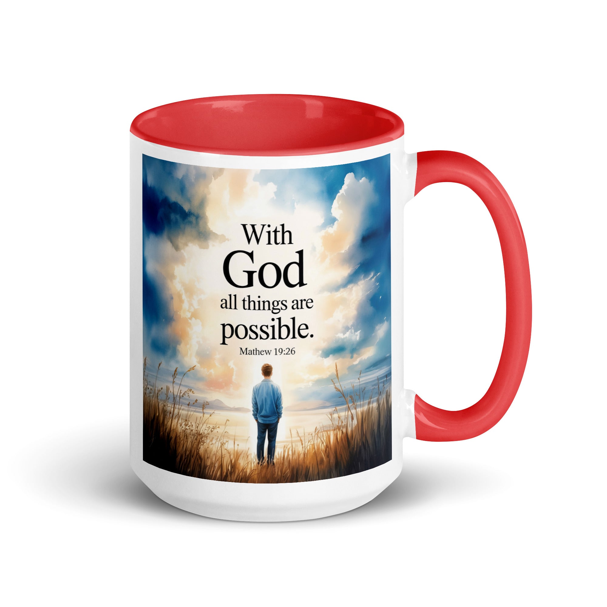 Matthew 19:26 Bible Verse Jesus White Ceramic Mug with Color Inside Red 15 oz