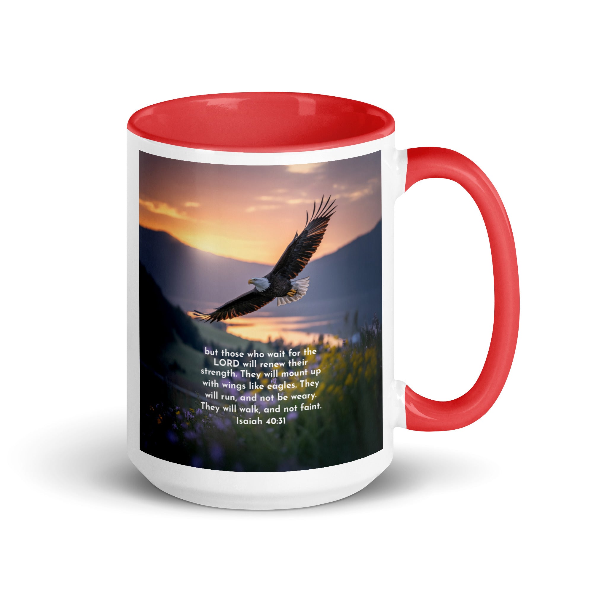 Isaiah 40:31 Bible Verse Renew Strength White Ceramic Mug with Color Inside Red 15 oz