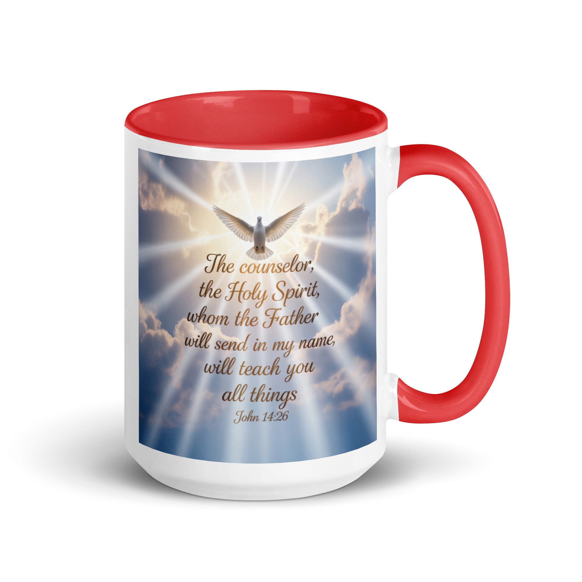 John 14:26 Bible Verse Father White Ceramic Mug with Color Inside Red 15 oz