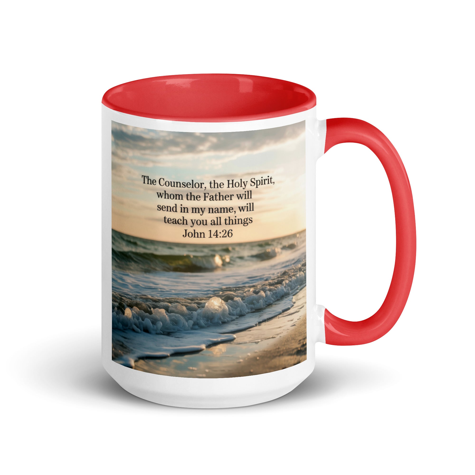 John 14:26 Bible Verse You All White Ceramic Mug with Color Inside Red 15 oz