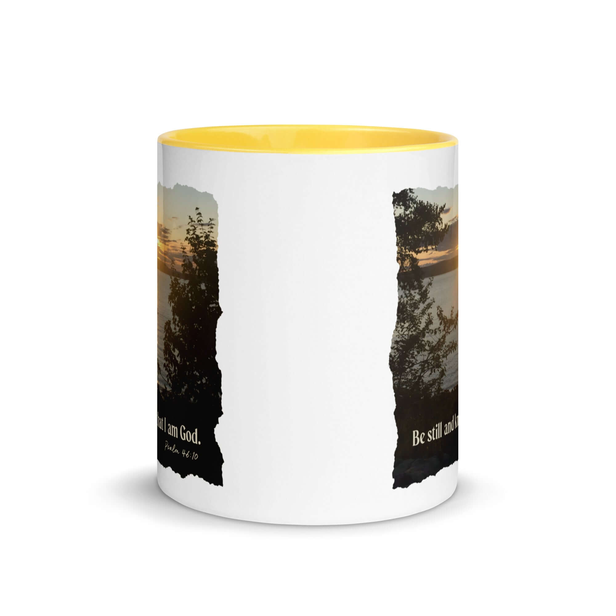 Psalm 46:10 Bible Verse, Sunset Glory White Ceramic Mug with Color Inside