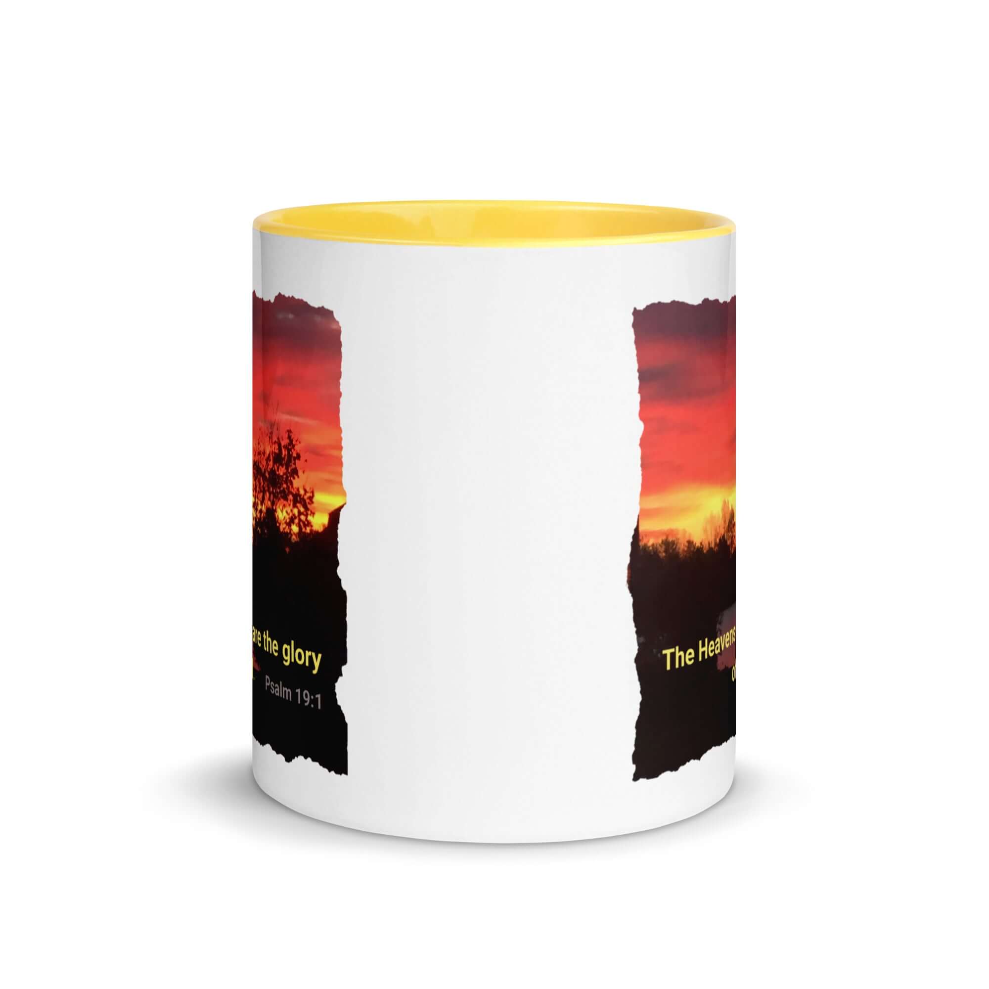 Psalm 19:1 Bible Verse, Sunset Glory White Ceramic Mug with Color Inside
