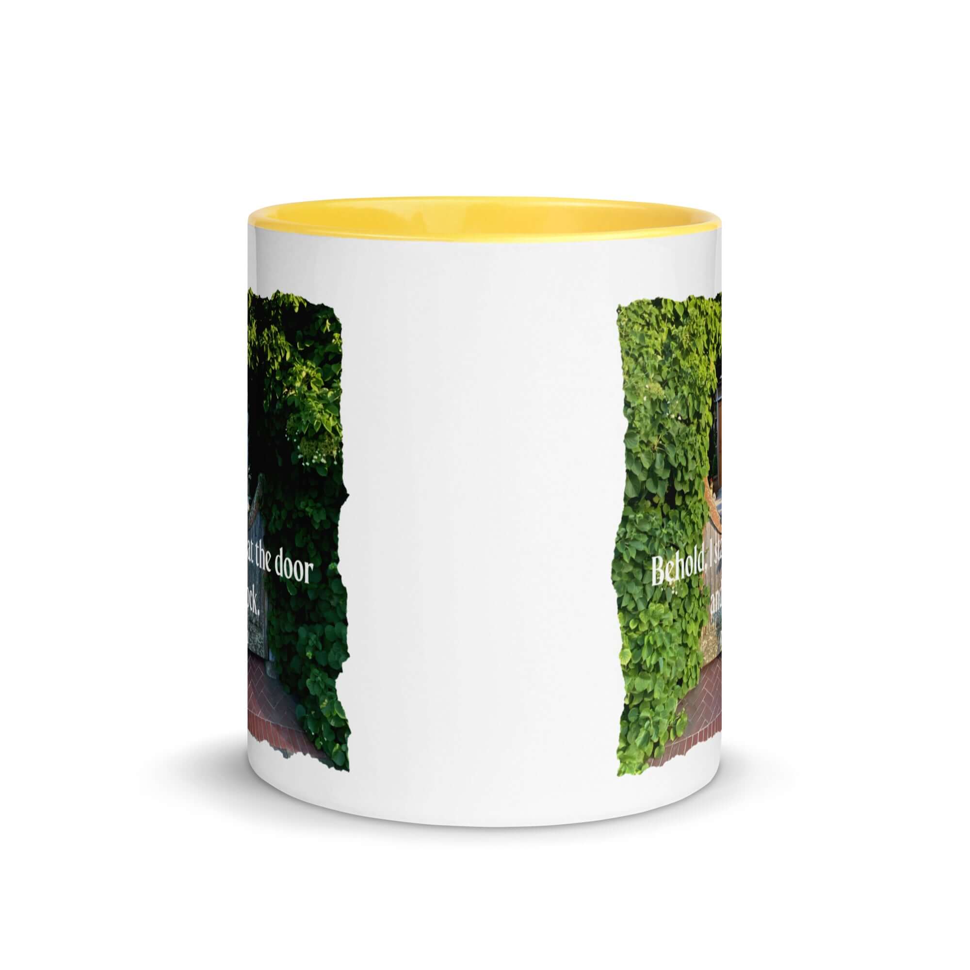 Revelation 3:20 Bible Verse, Garden Doorway White Ceramic Mug with Color Inside