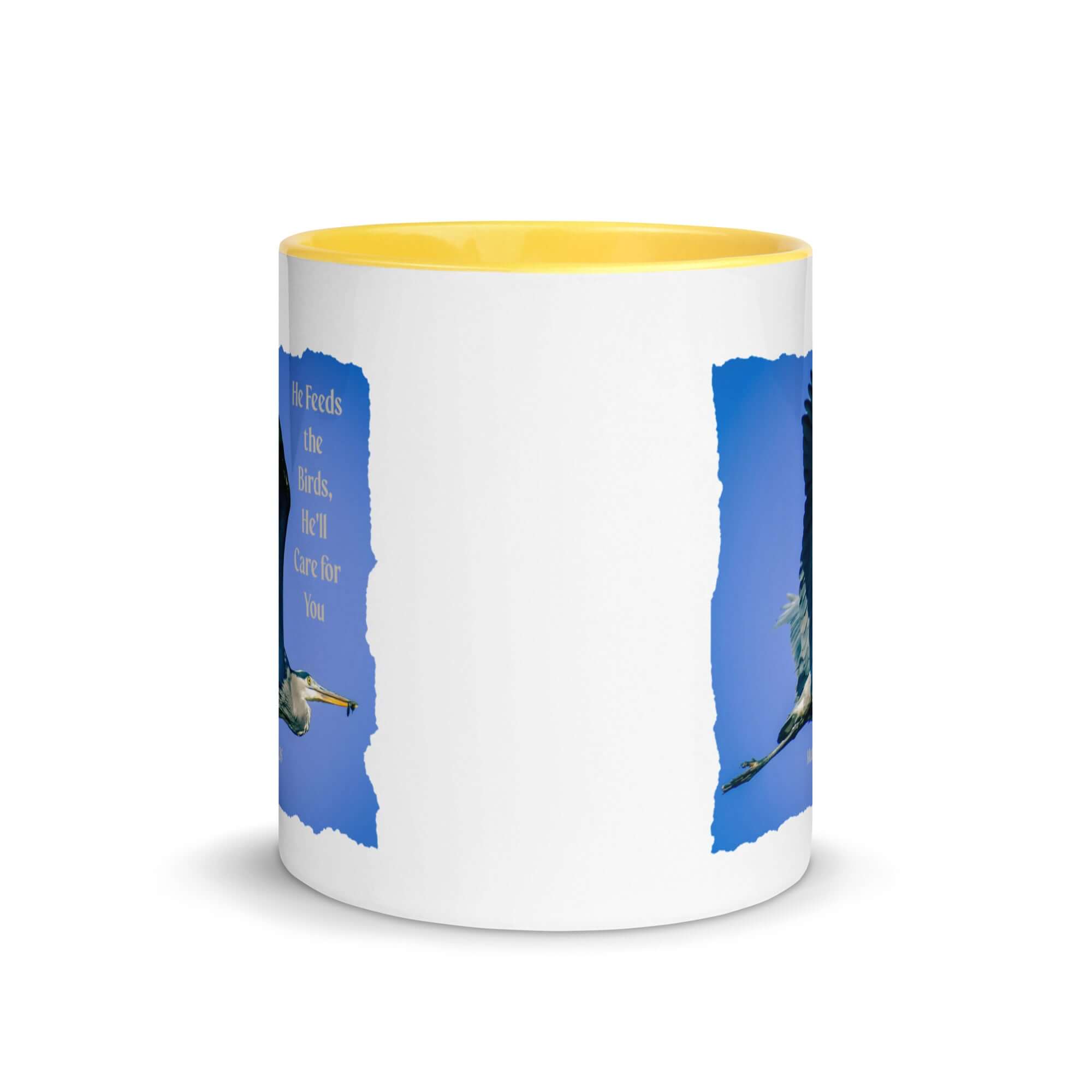 Matthew 6:26 Graceful Heron, He'll Care for You White Ceramic Mug with Color Inside