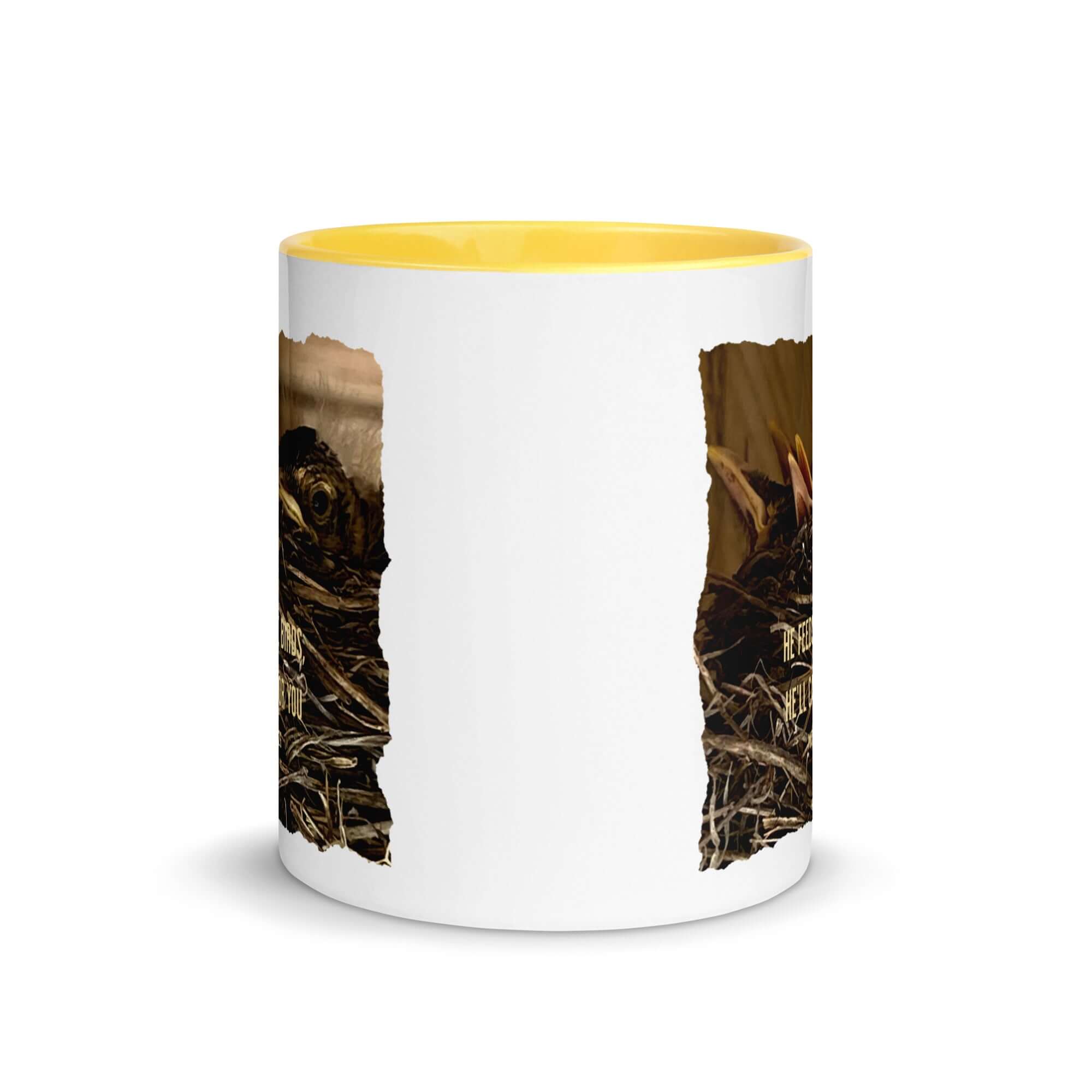 Matthew 6:26 Baby Robins, He'll Care for You White Ceramic Mug with Color Inside