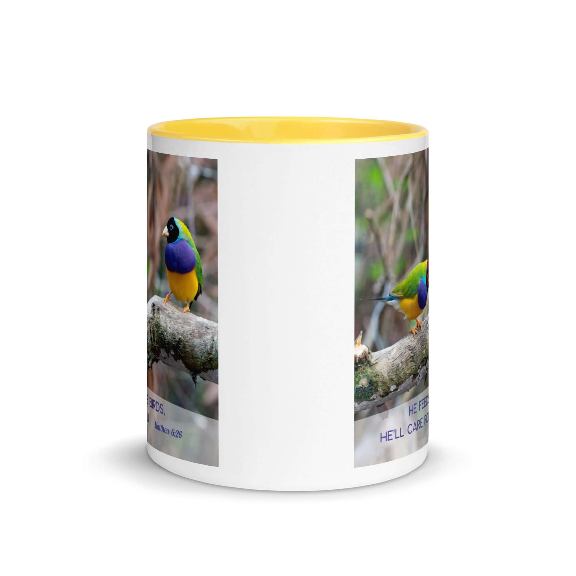 Matthew 6:26 Gouldian Finches, He'll Care for You White Ceramic Mug with Color Inside