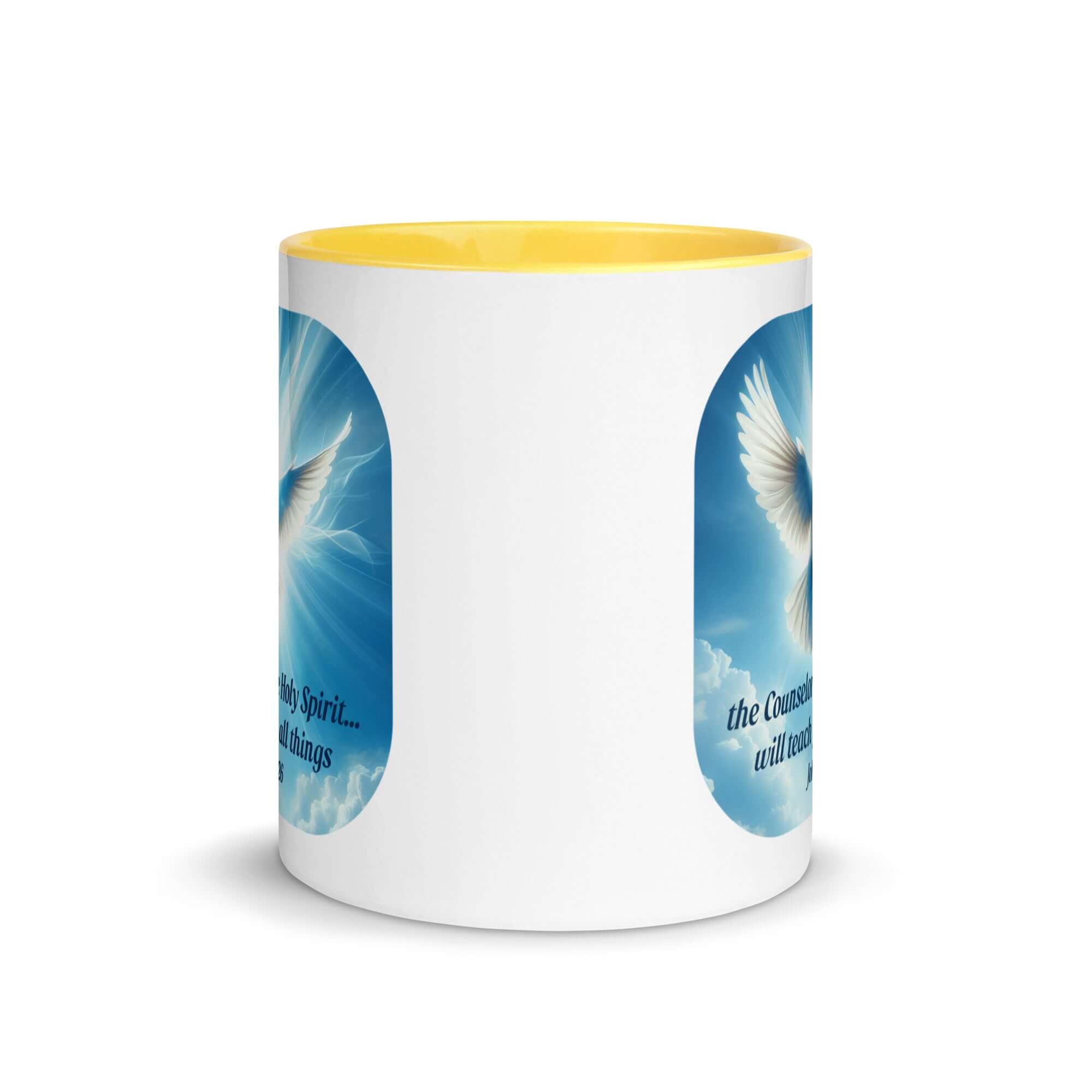 John 14:26 Bible Verse, Holy Spirit Dove White Ceramic Mug with Color Inside