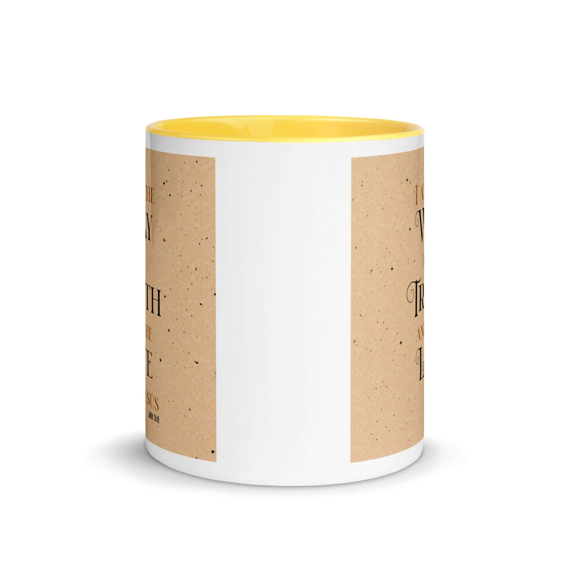 John 14:6 Bible Verse, Color Text Brown Background White Ceramic Mug with Color Inside