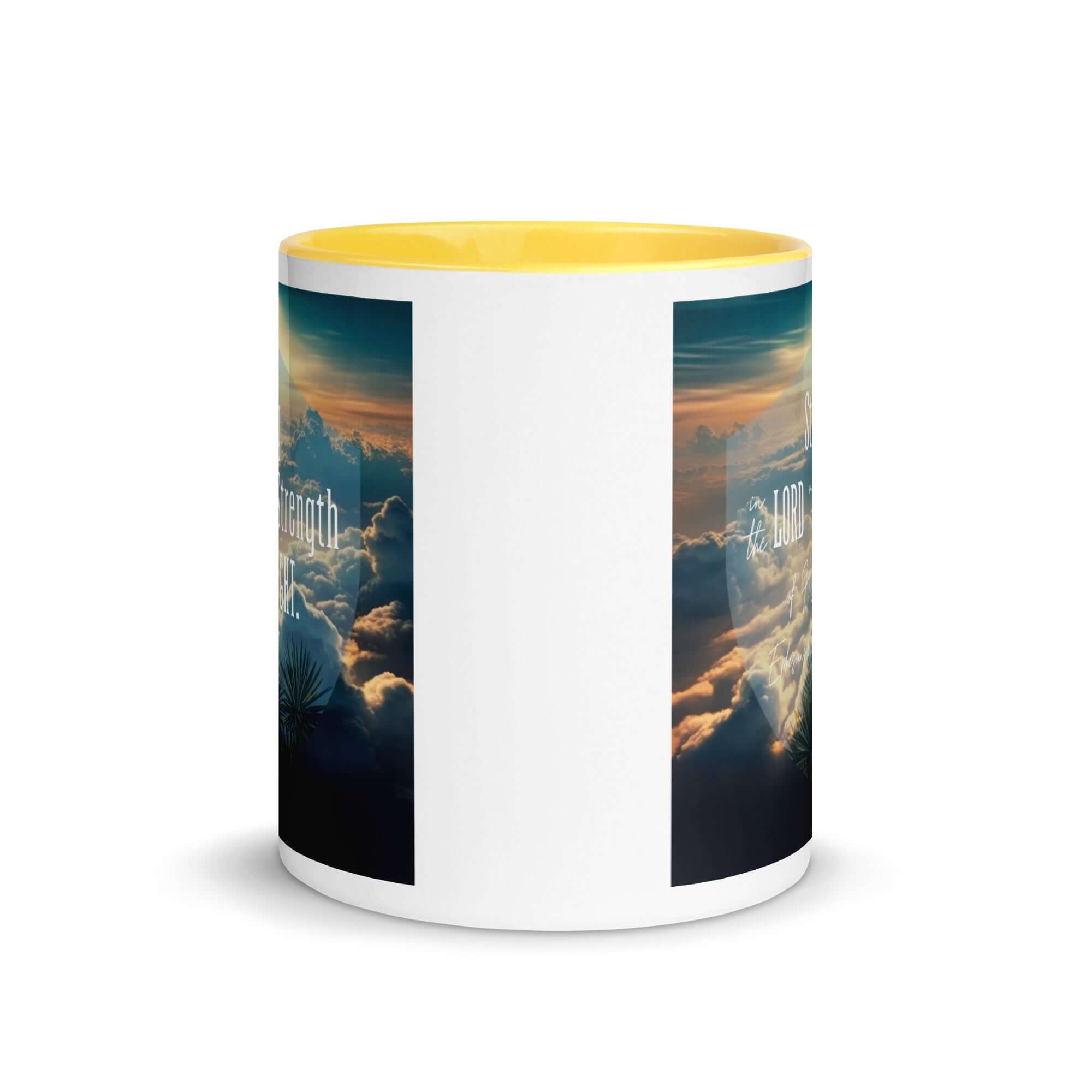 Ephesians 6:10 Bible Verse, be strong in the Lord White Ceramic Mug with Color Inside