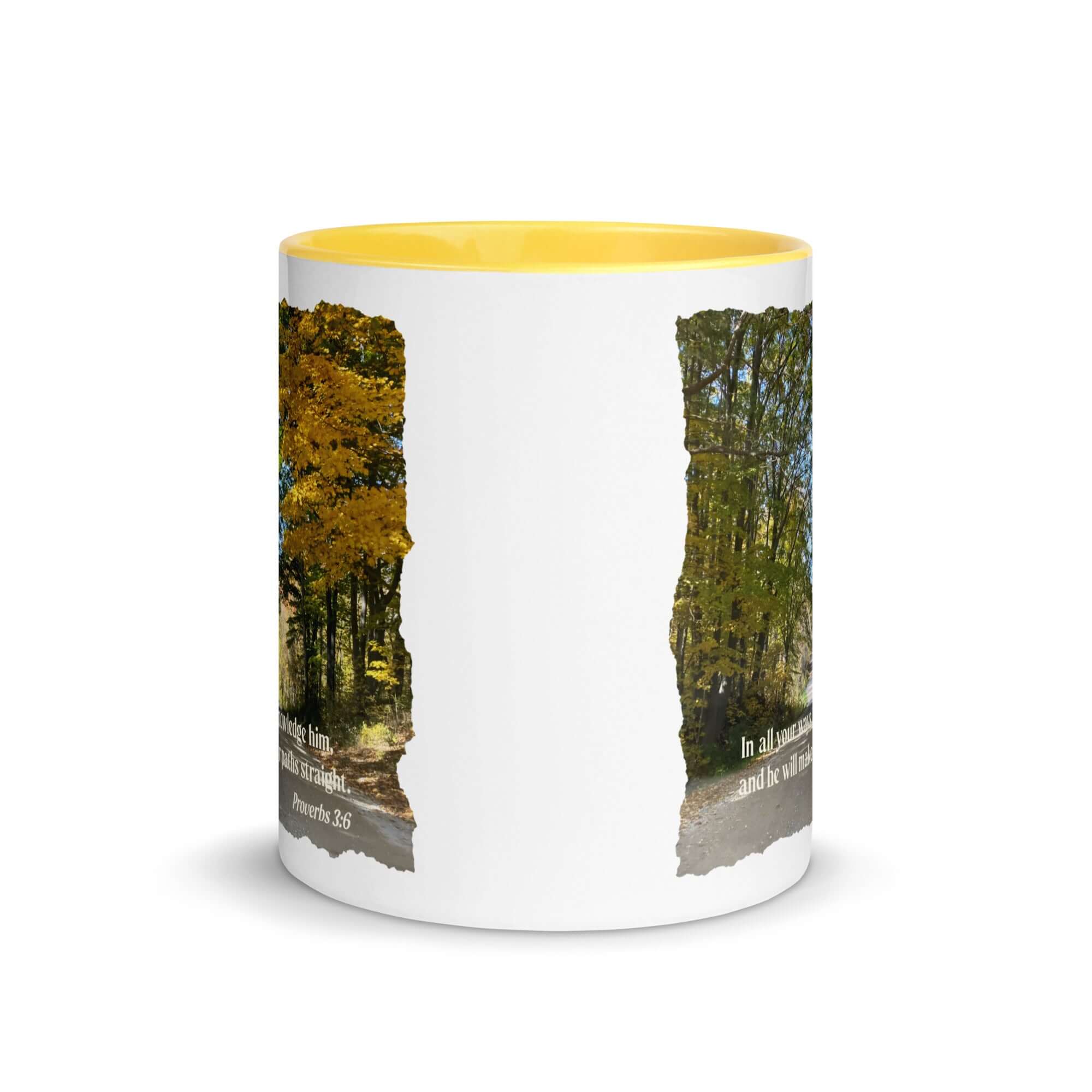 Proverbs 3:6 Bible Verse, Fall Road White Ceramic Mug with Color Inside