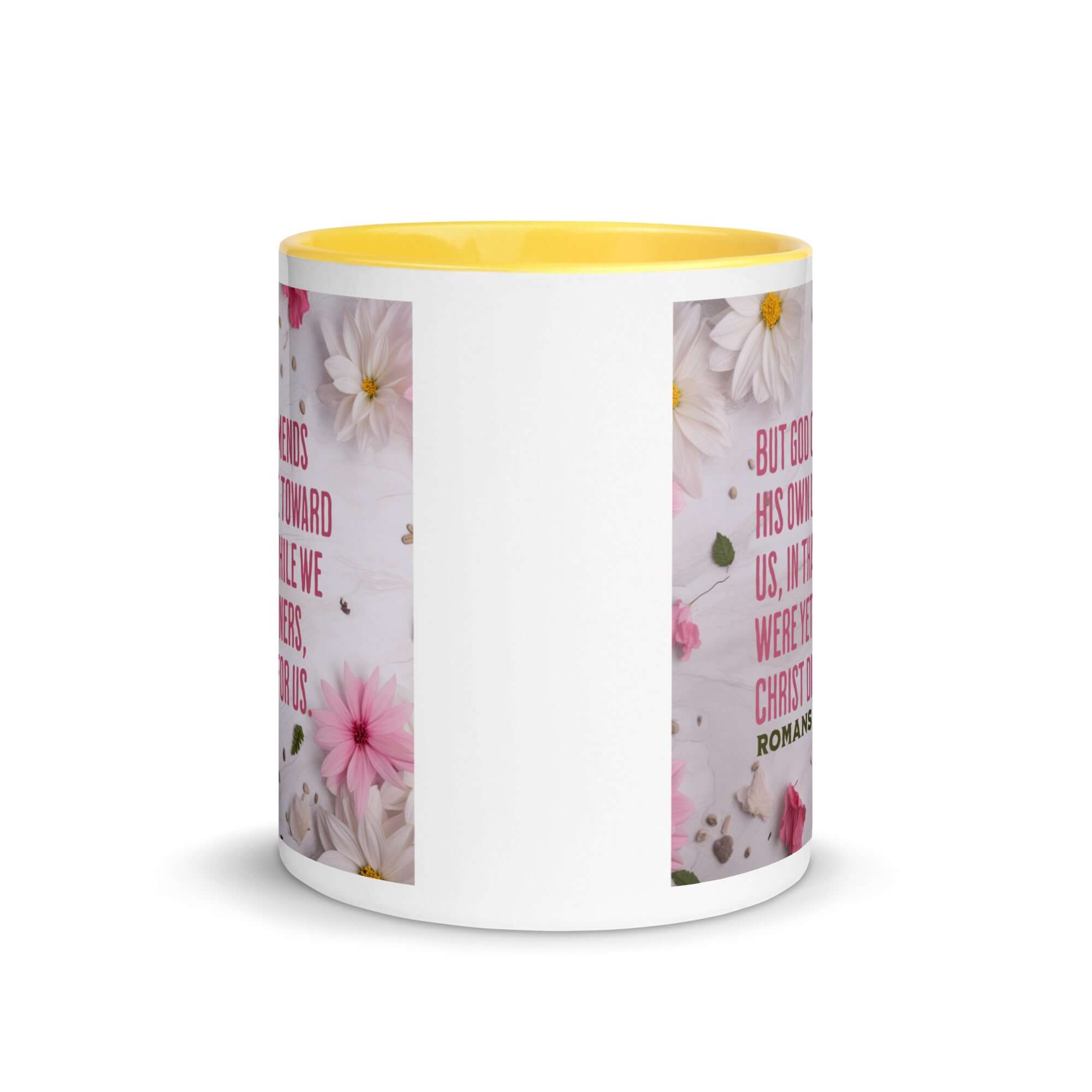 Romans 5:8 Bible Verse, Christ Died for Us White Ceramic Mug with Color Inside