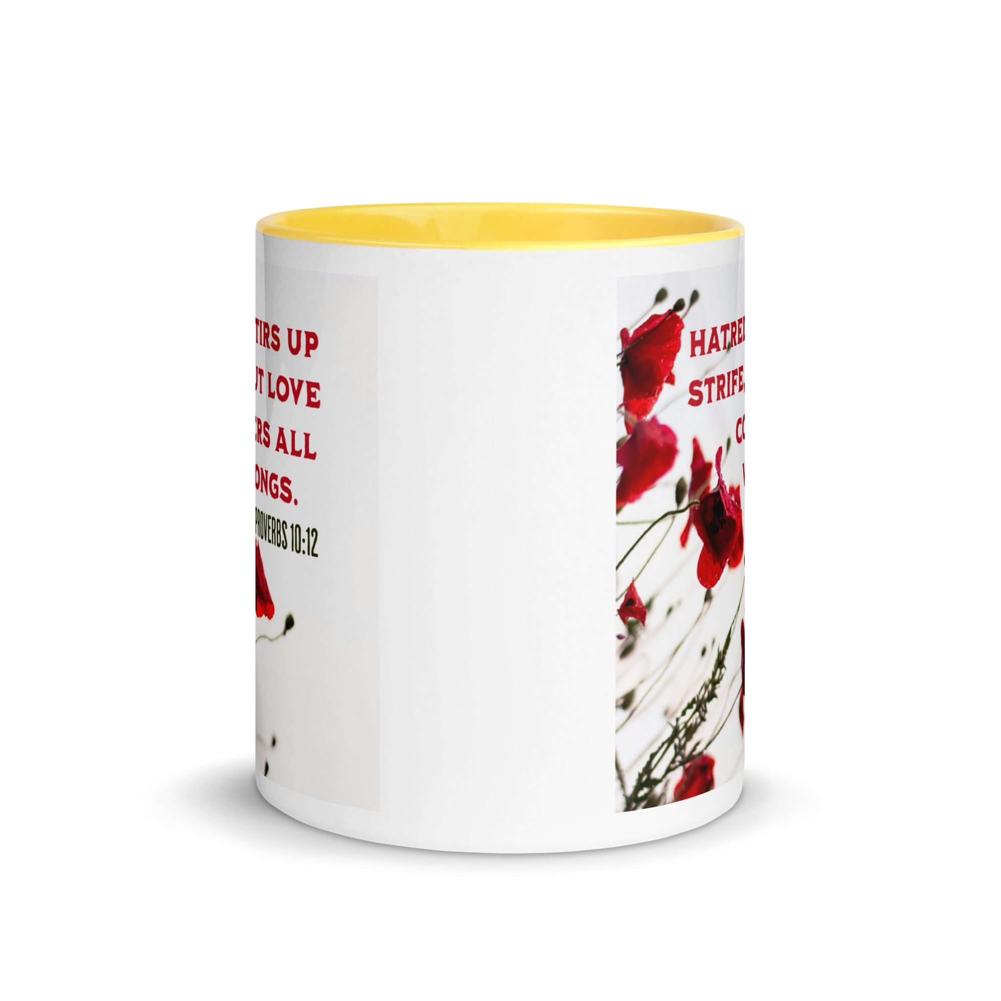 Proverbs 10:12 Bible Verse, Love Covers All White Ceramic Mug with Color Inside