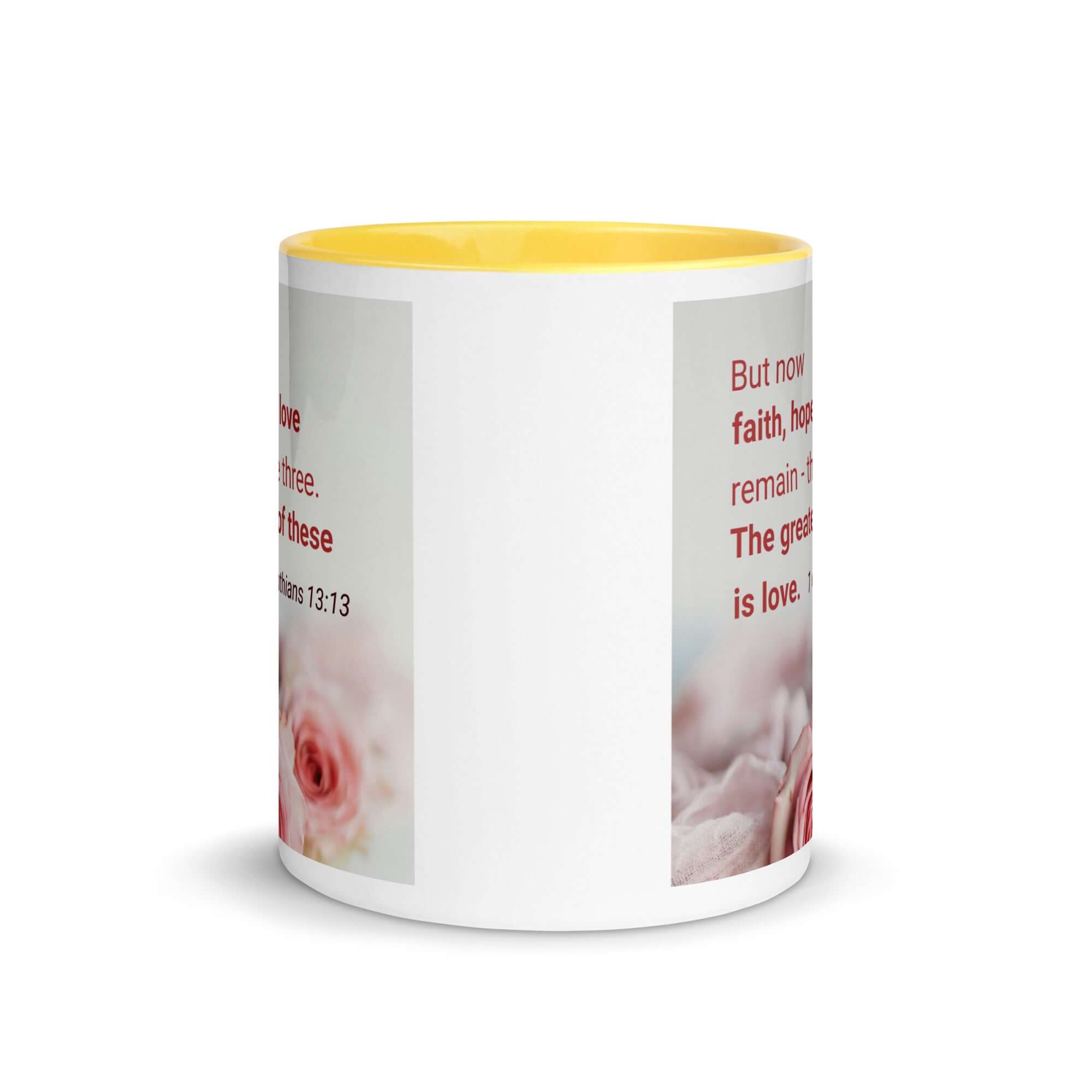 1 Corinthians 13:13 Bible Verse, The Greatest is Love White Ceramic Mug with Color Inside