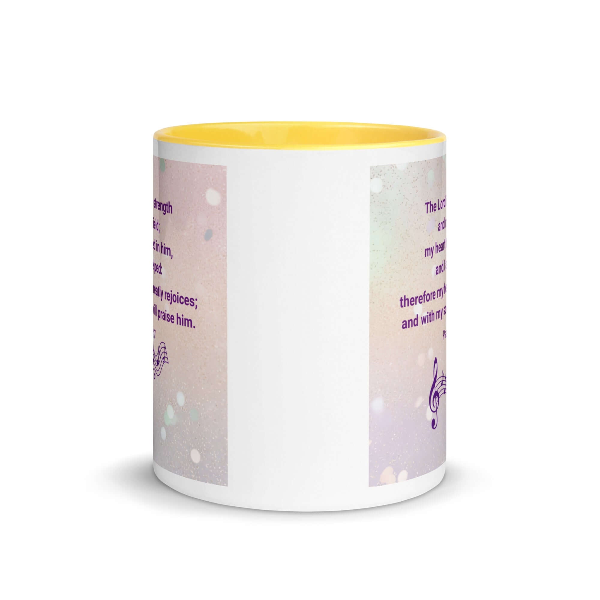 Psalm 28:7 Bible Verse, I will praise Him White Ceramic Mug with Color Inside