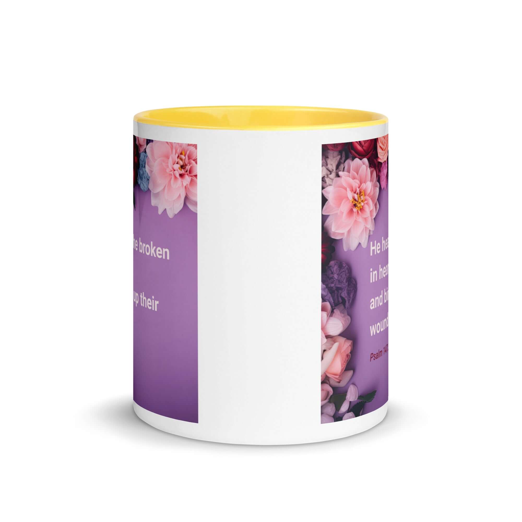 Psalm 147:3 Bible Verse, He heals the broken White Ceramic Mug with Color Inside