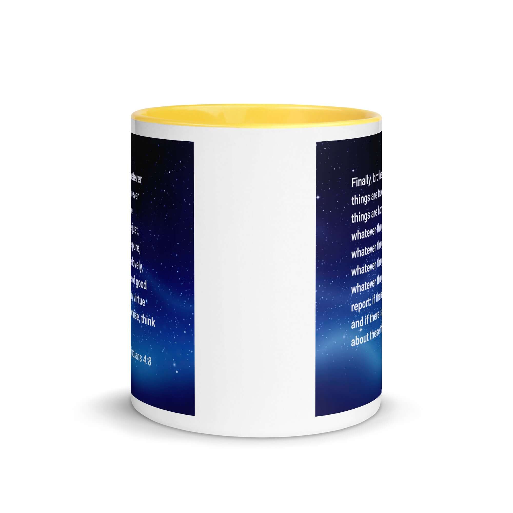 Philippians 4:8 Bible Verse, Think these things White Ceramic Mug with Color Inside